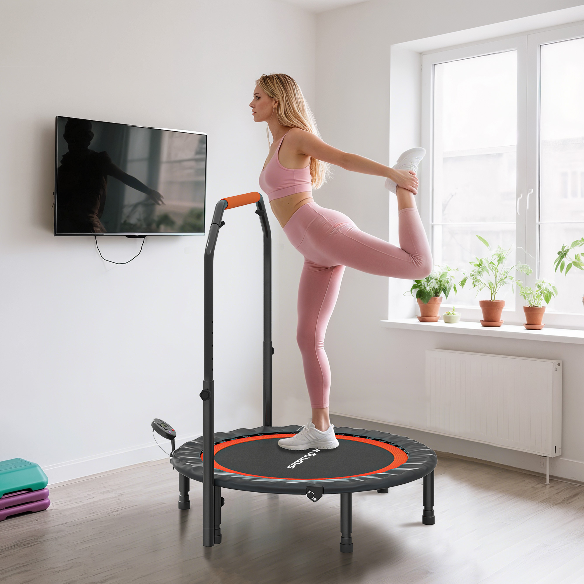 Mini-Trampolin, mit höhenverstellbarem Haltegriff, LCD-Monitor, Stahl, schwarz+rot, Ø102 x 99-123cm