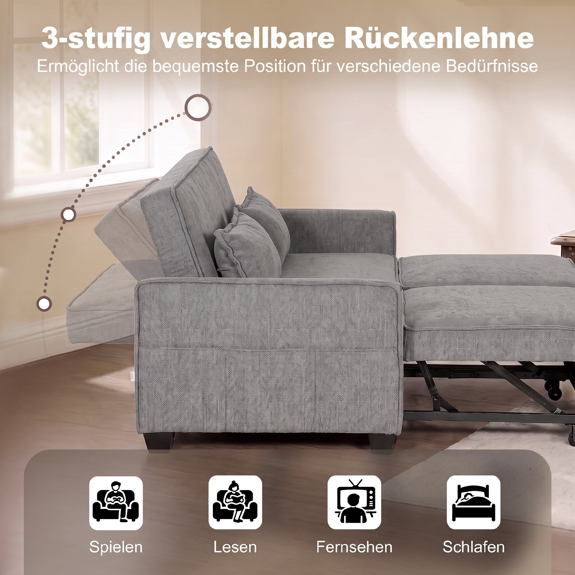 2-Sitzer-Schlafsofa, 4-in-1 L-förmiges Ausziehsofa mit verstellbarer Rückenlehne und Seitentaschen, Grau
