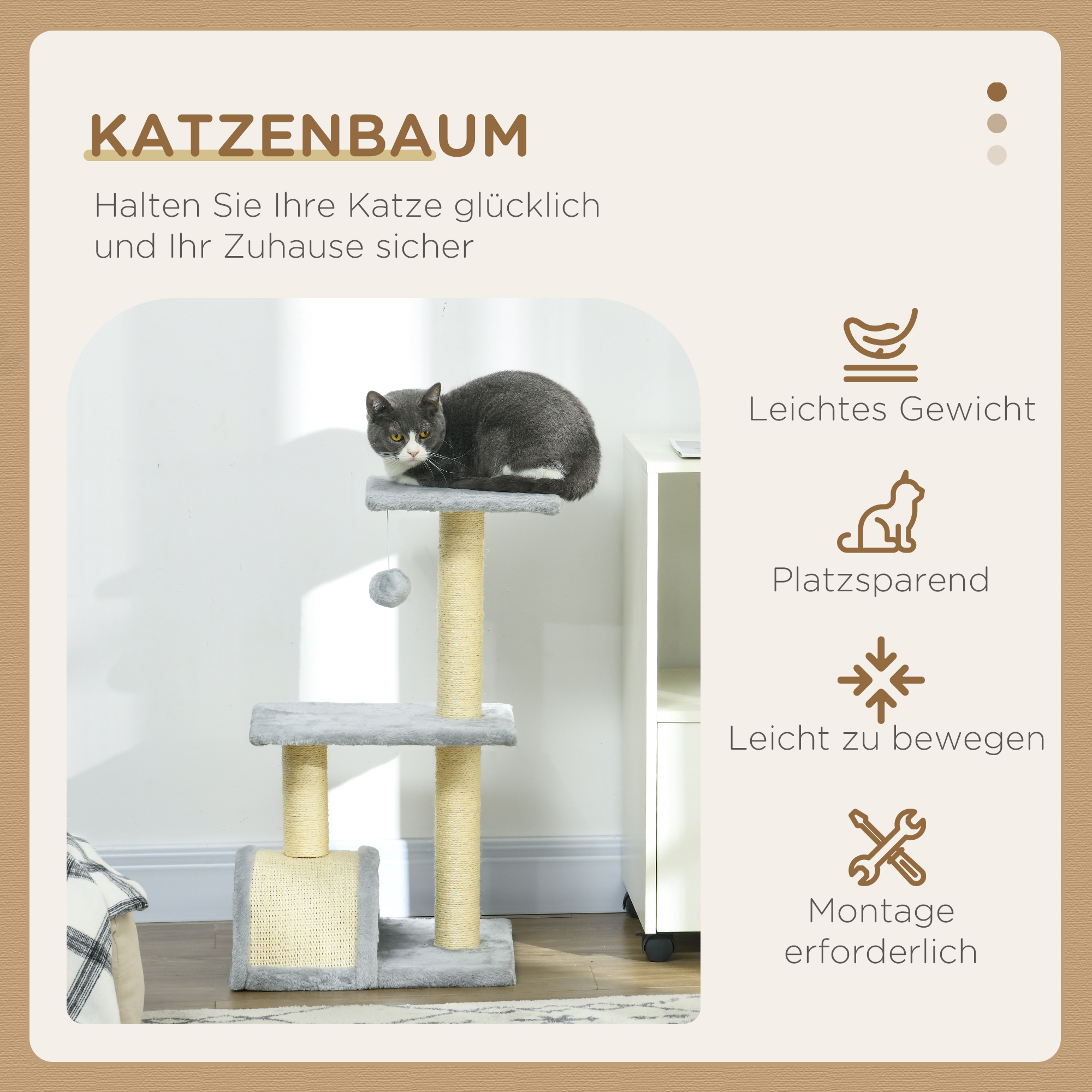 Kratzbaum 72 cm Katzenturm mit Plüschballen, Sisalstämme, Plattform, Kratzbrett Hellgrau