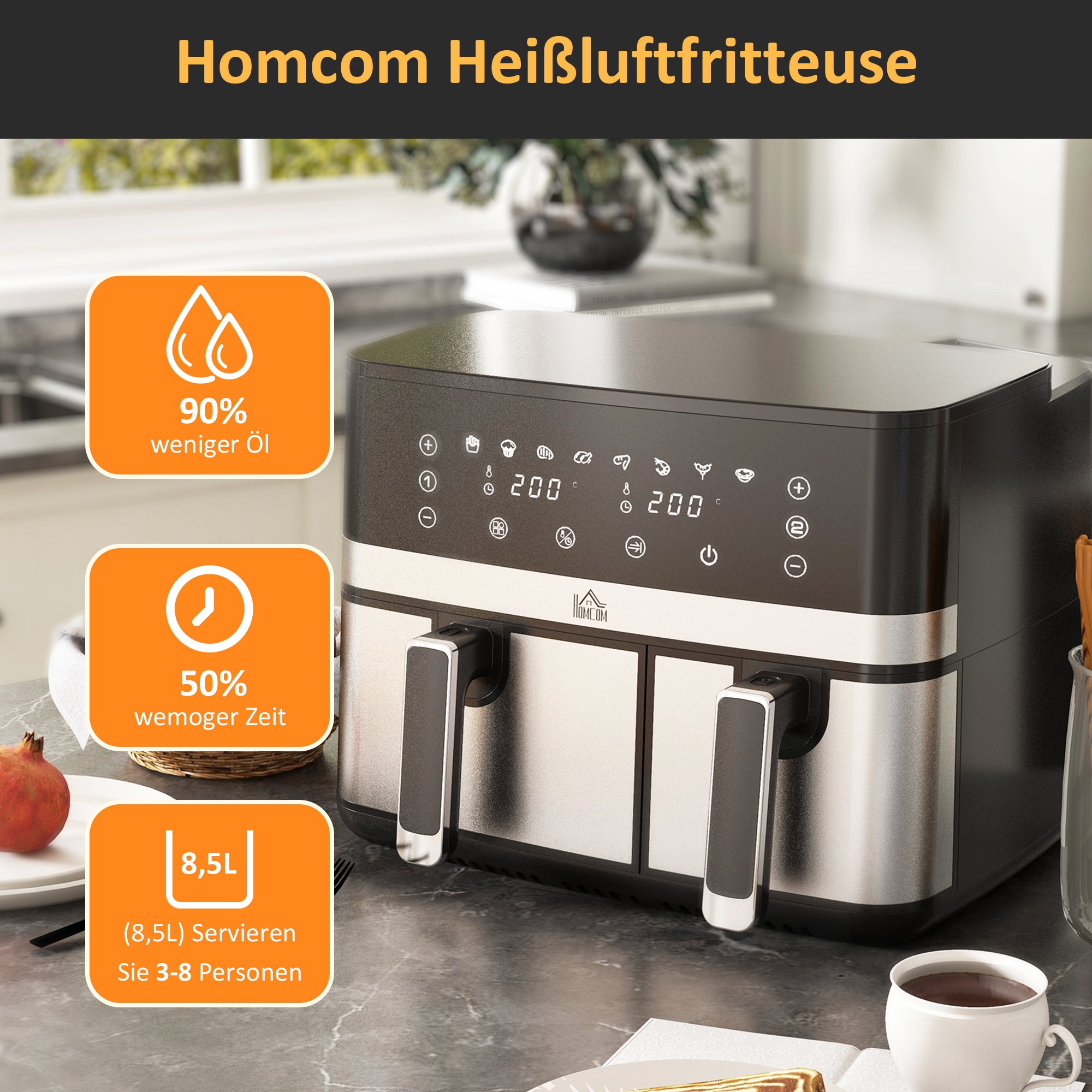 Heißluftfriteuse Friteuse, 2700 W, 8 Einstellungen, 41,8 cm x 39,2 cm x 31,1 cm, Schwarz + Silber
