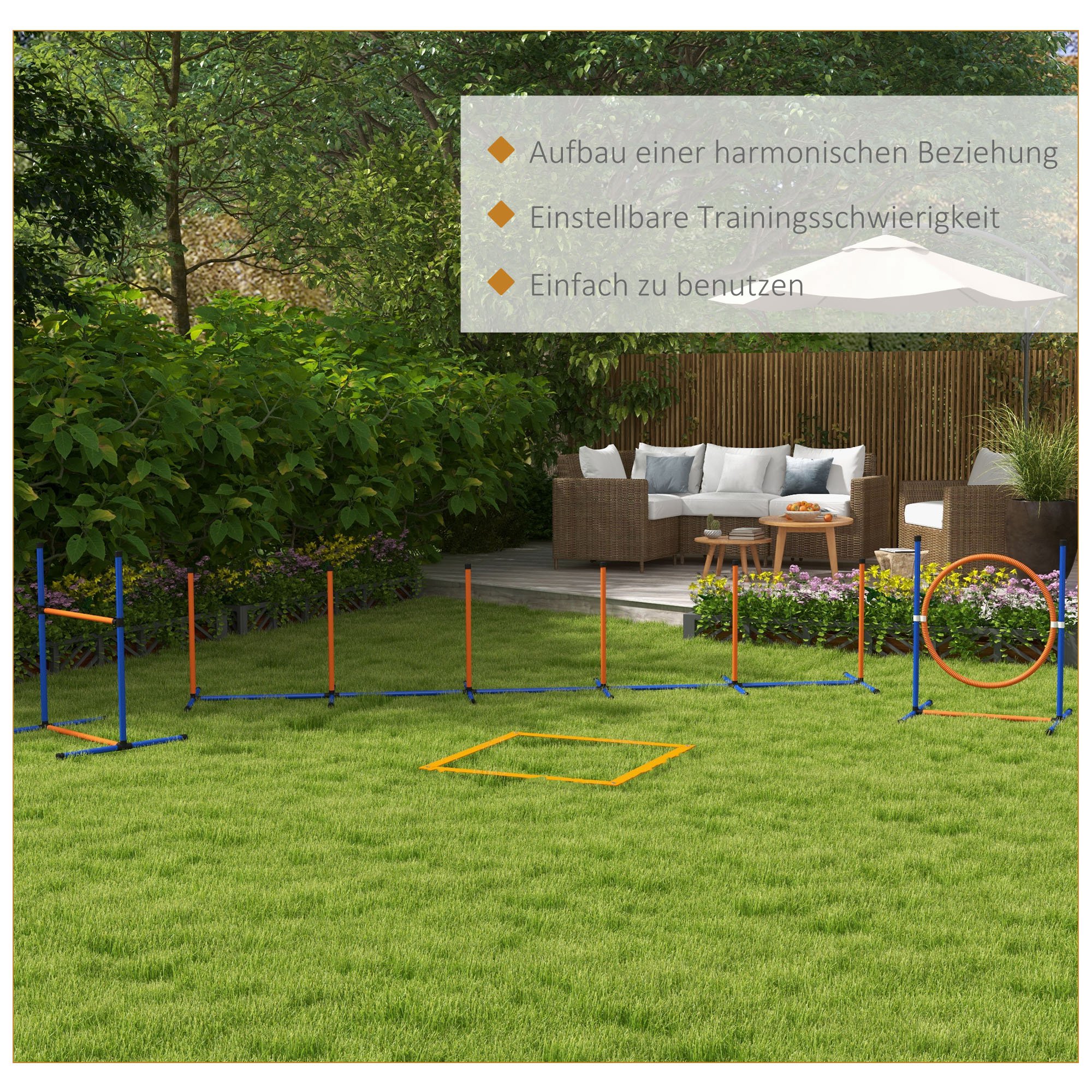 Hunde-Agiliy-Set Hundeparcours, 1 Reifen, 1 Hürde, 1 Slalom-Set, 352 cm x 66 cm x 69 cm, Blau + Rot