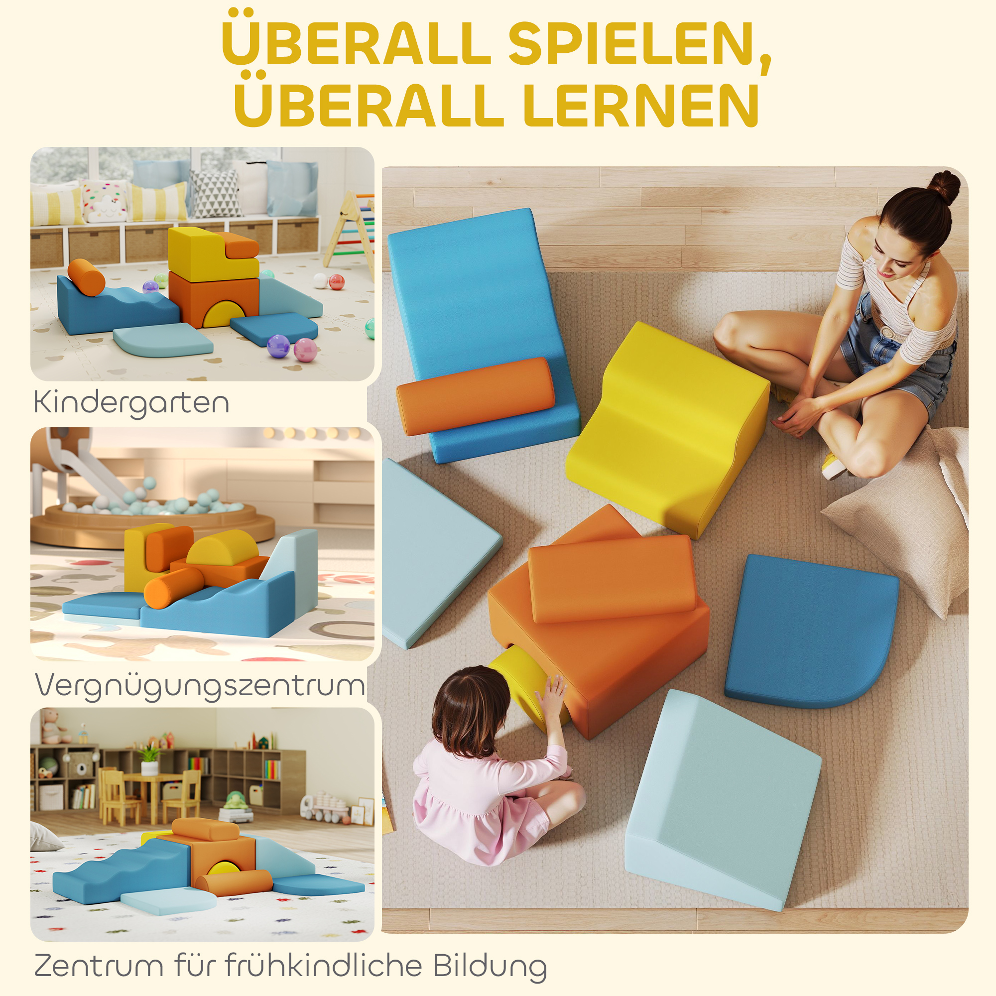 9-teiliges Soft-Baustein-Set, weiche Blöcke zum Bauen und Spielen, Indoor-Spielset für Kleinkinder, Schaumstoff, Bunt
