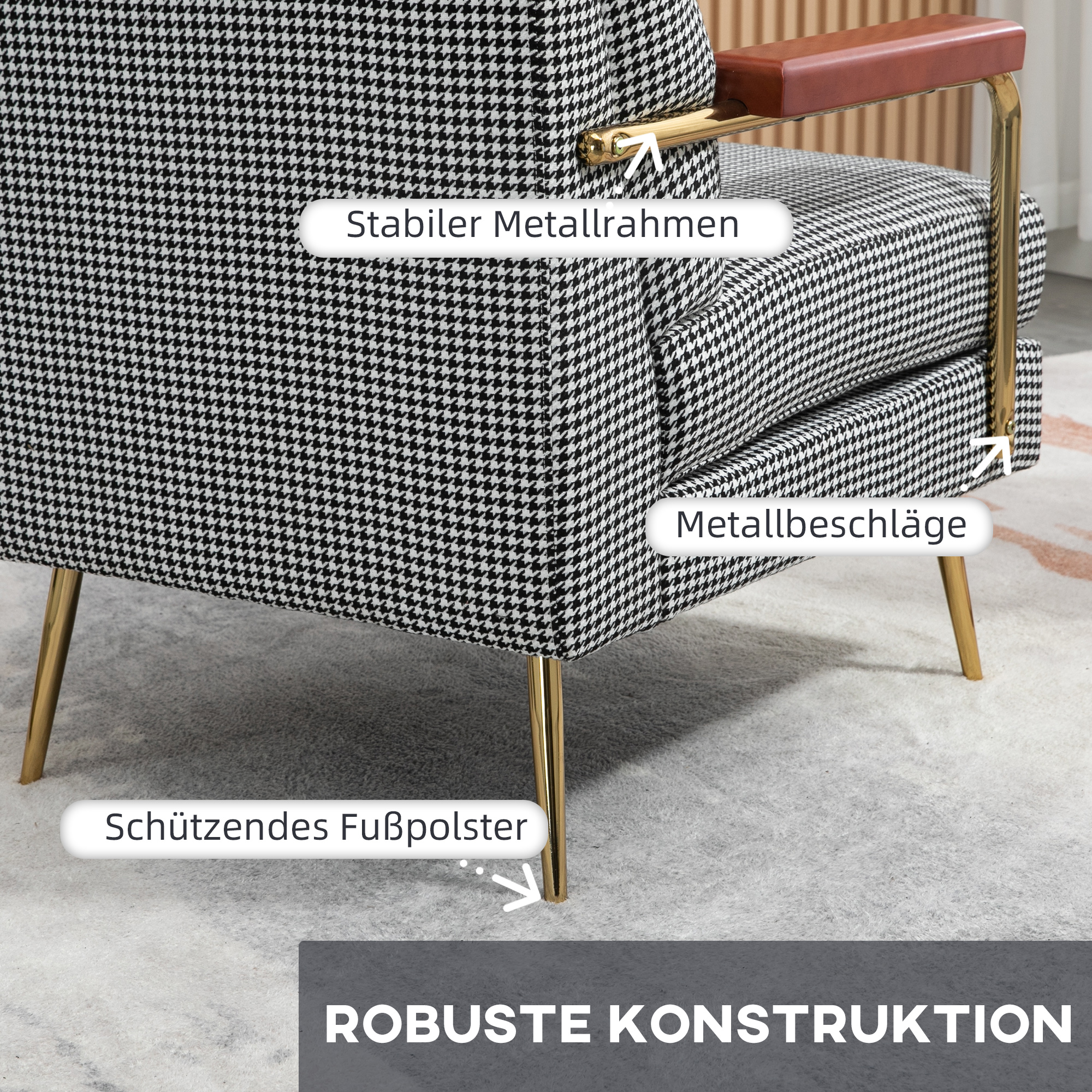 Sessel im Retrodesign, Akzentsessel, Hahnentrittmuster, Holzemelente, Federkern, Schwarz + Weiß