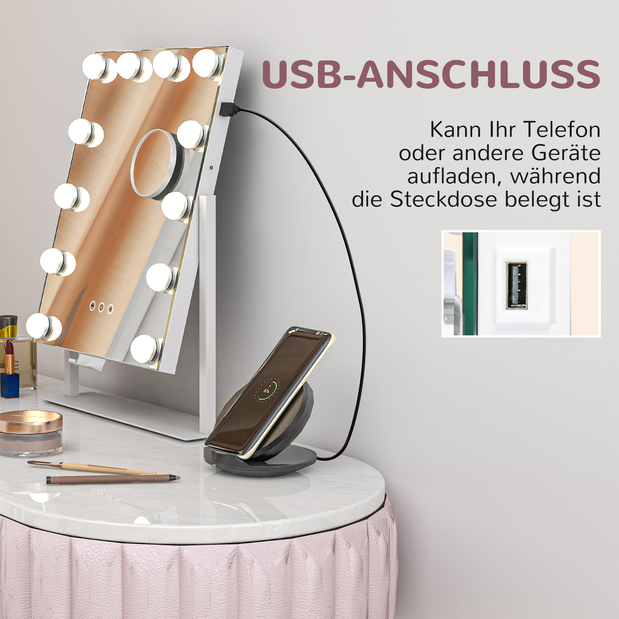 LED Kosmetikspiegel, 3 Lichtmodi, dimmbar, Touchsteuerung, USB, 37x46 cm, Weiß