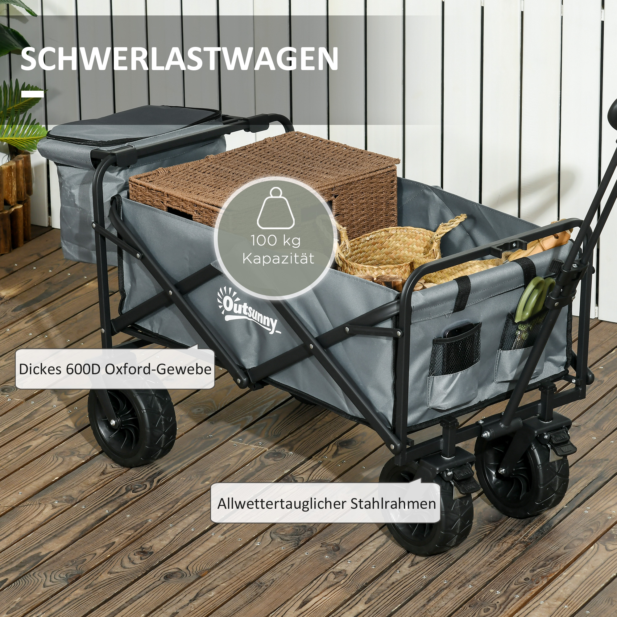 Bollerwagen mit Kühltasche, klappbar, Stahlrahmen, bis 100 kg, 113x57x77-100 cm, Dunkelgrau