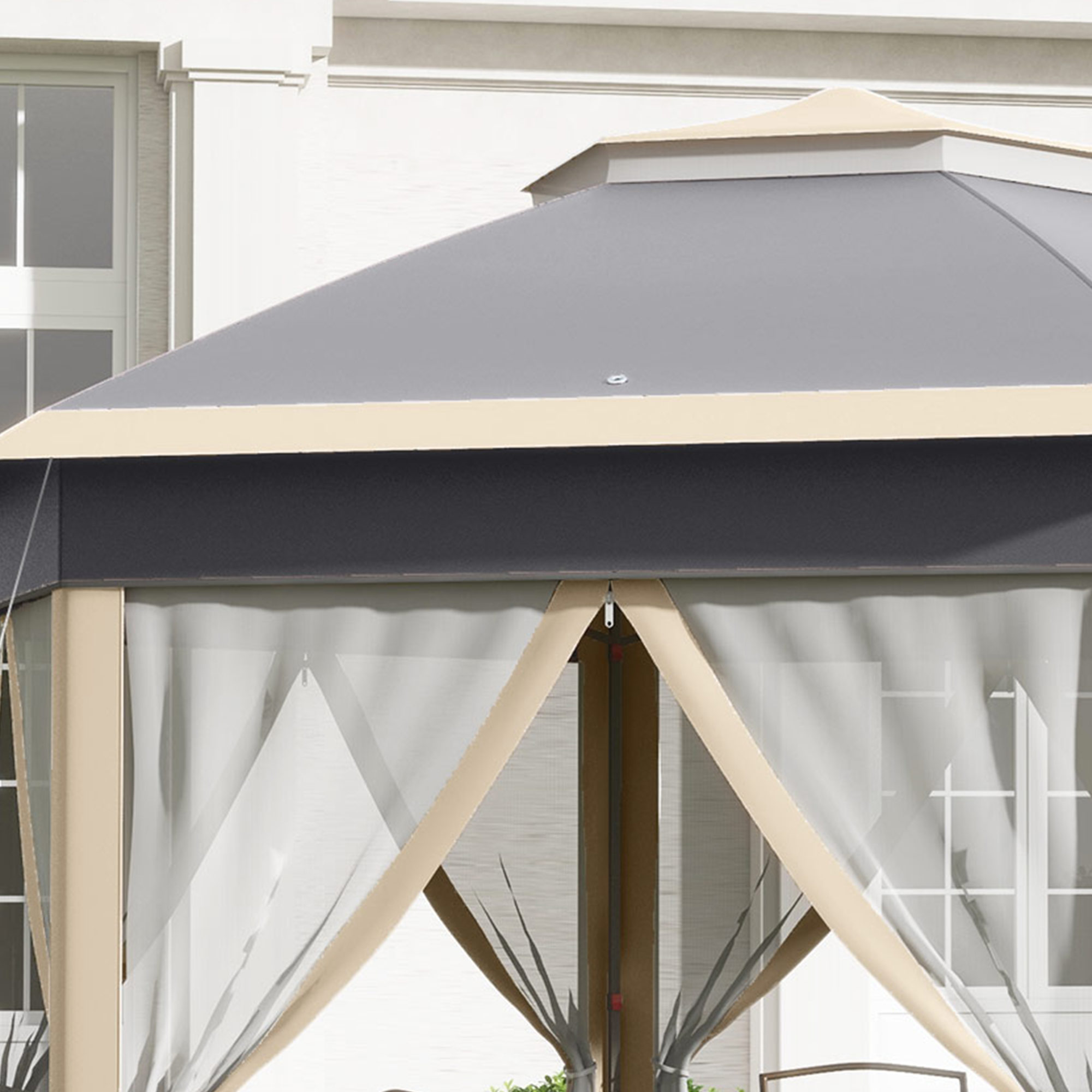 Gartenpavillon Faltpavillon 4 x 4 m Pop-Up-Zelt Partyzelt inkl. Tragetasche 6 Seitenteile Doppeldach sechseckig Khaki