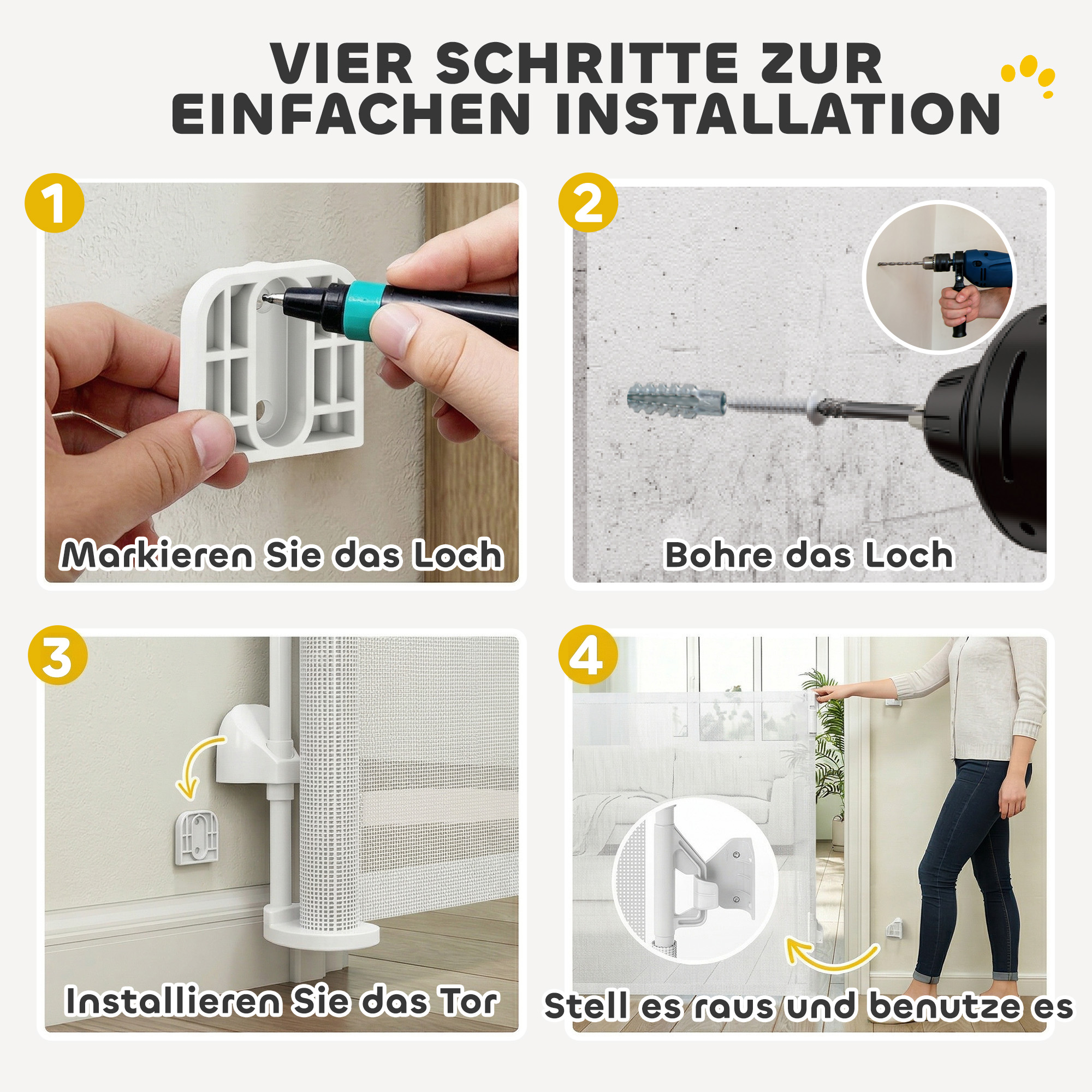 Treppenschutzgitter Türschutzgitter Ausziehbar 0-140 cm mit Einhandbedienung für Haustiere für Treppen Türen Weiß