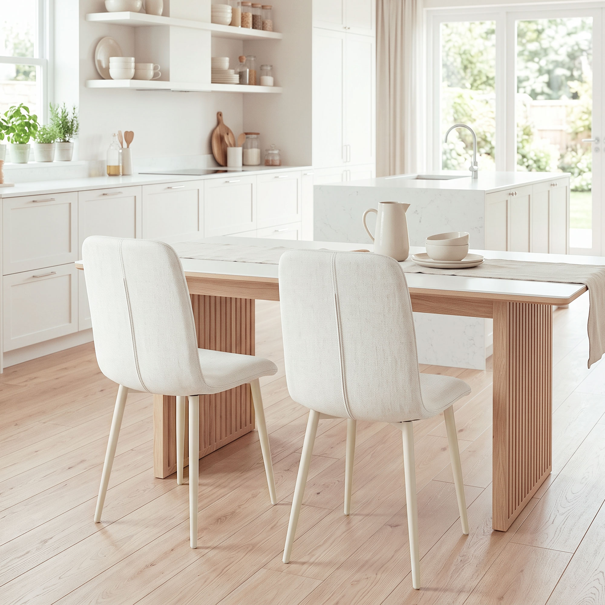 Esszimmerstühle 2er-Set, gepolsterte Küchenstühle in Leinenoptik mit leichten Beinen, Creme