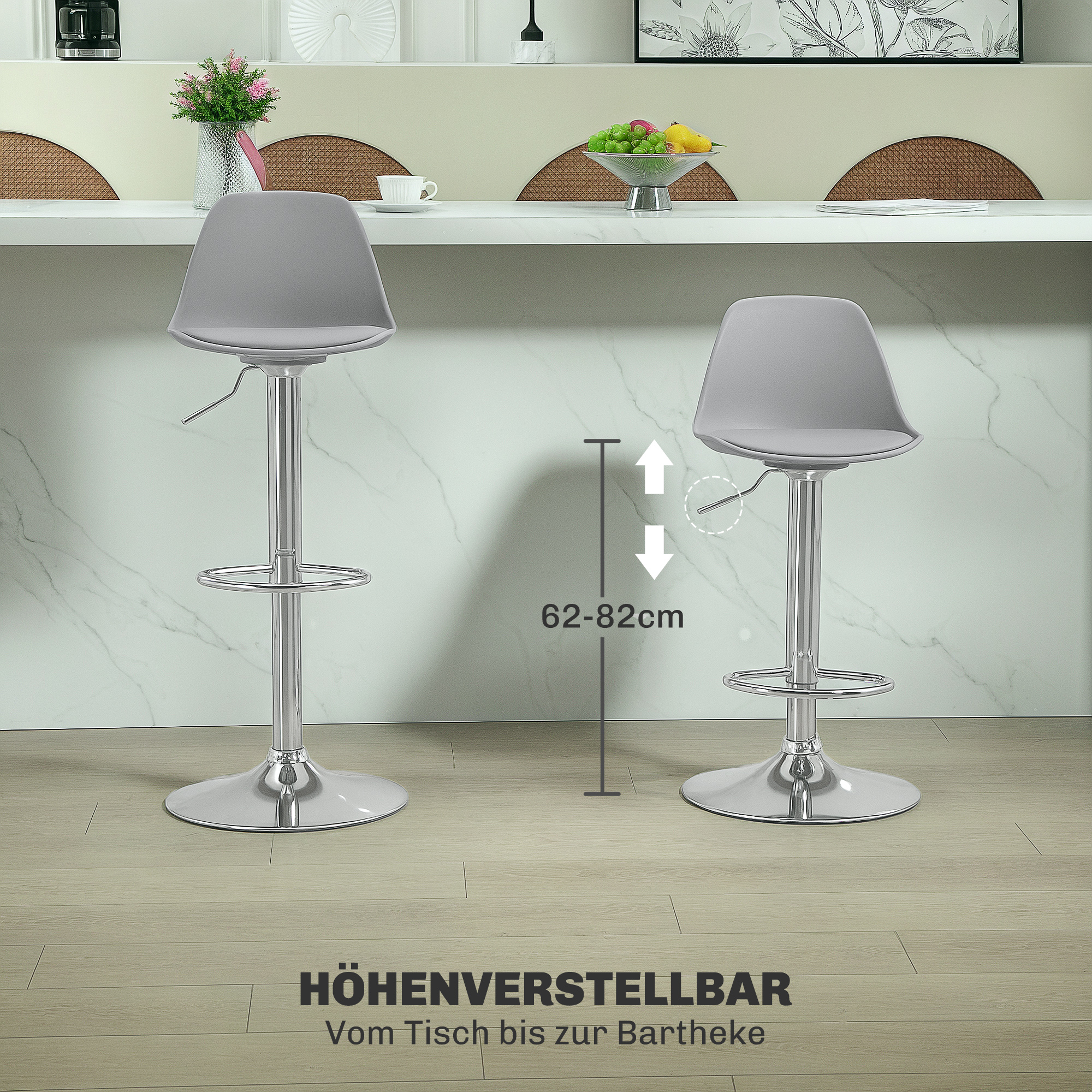 2er-Set Barhocker, Barstühle, Drehstühle mit Lehne, höhenverstellbar, bis 120 kg belastbar, 42 x 41 x 82-104 cm, Grau