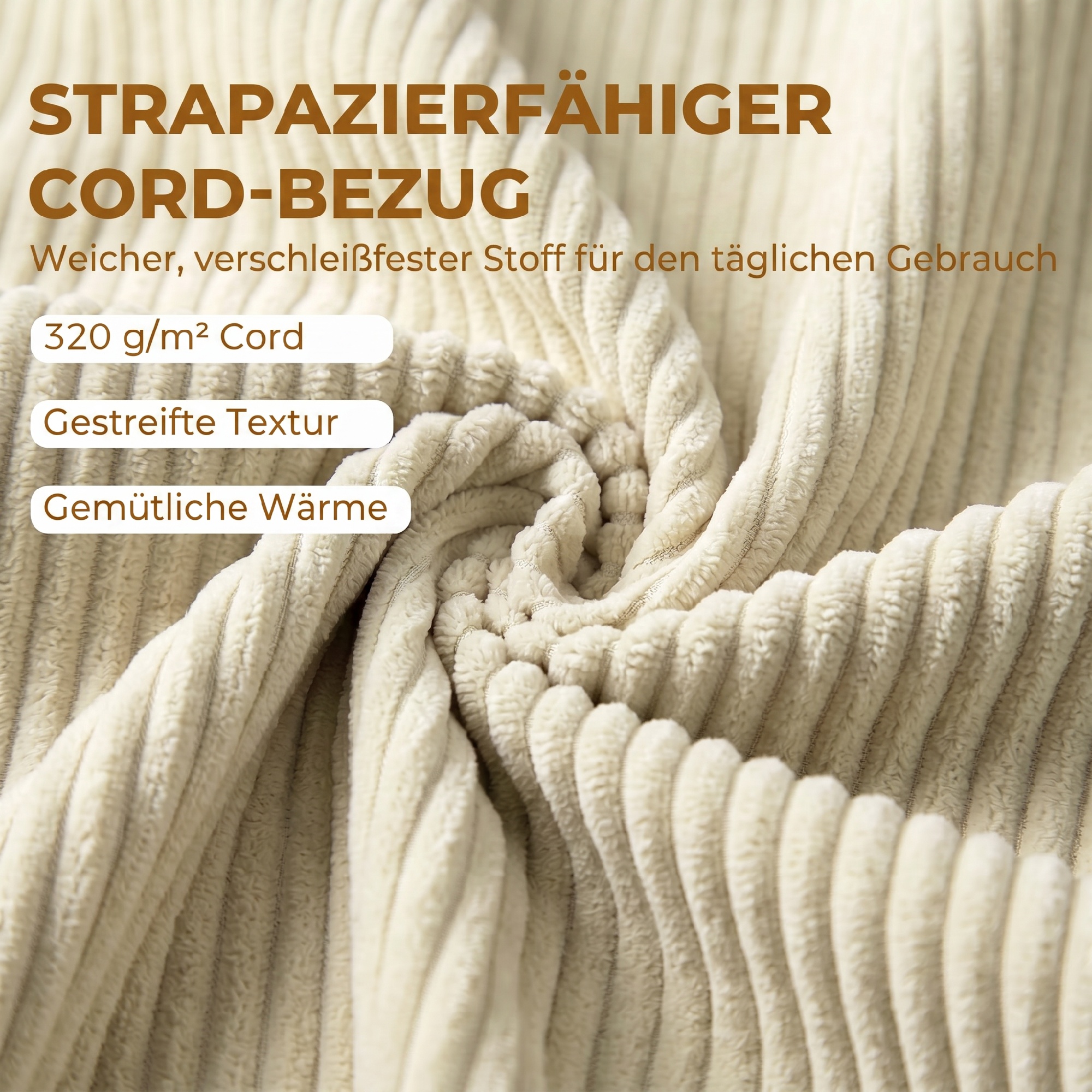 Sitzbank mit Stauraum, Polsterbank mit Cord-Optik, Holzfüßen und Gerollten Armlehnen, Beige
