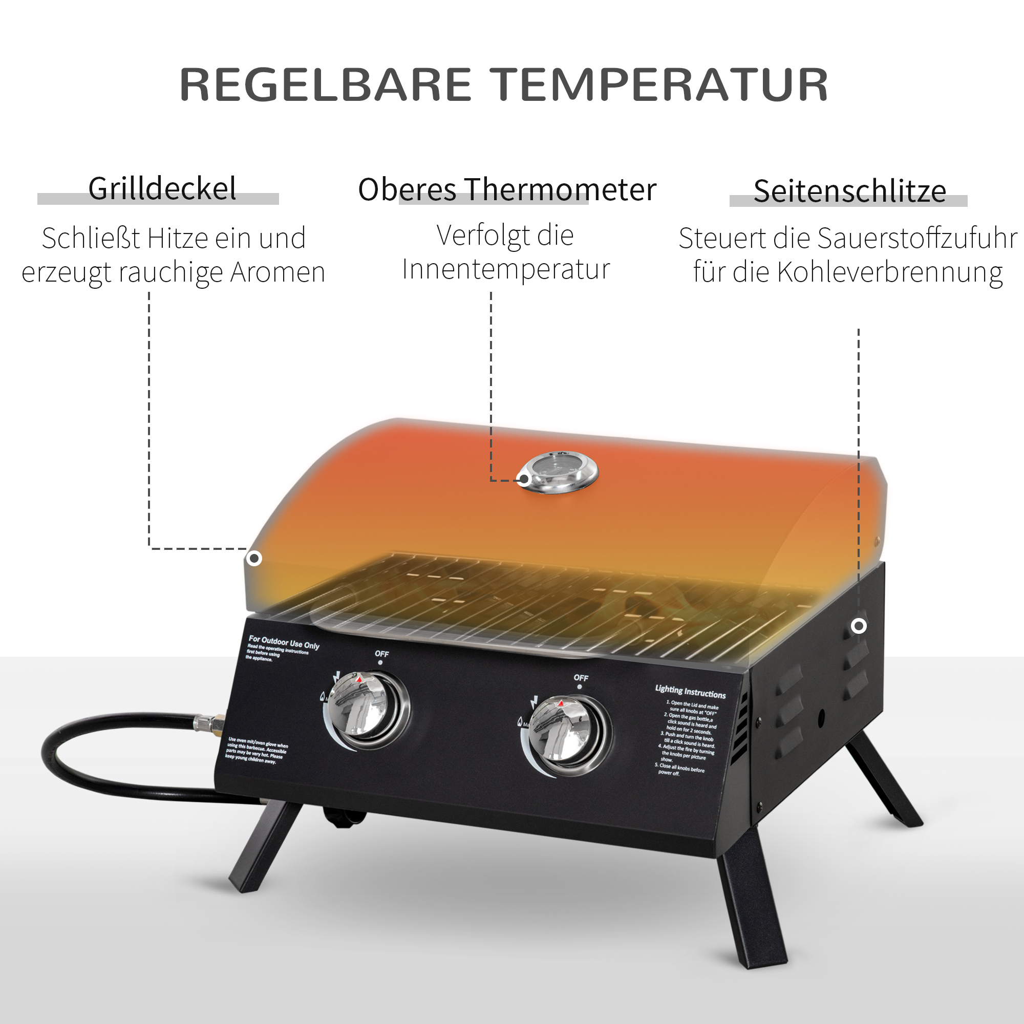 Tischgrill Gasgrill BBQ mit 2 Brennern mobiler Grillwagen Grillnetz klein Outdoor Tischgasgrill Picknick mit Druckminderer Schlauch Edelstahl Schwarz 55 x 46,5 x 41 cm