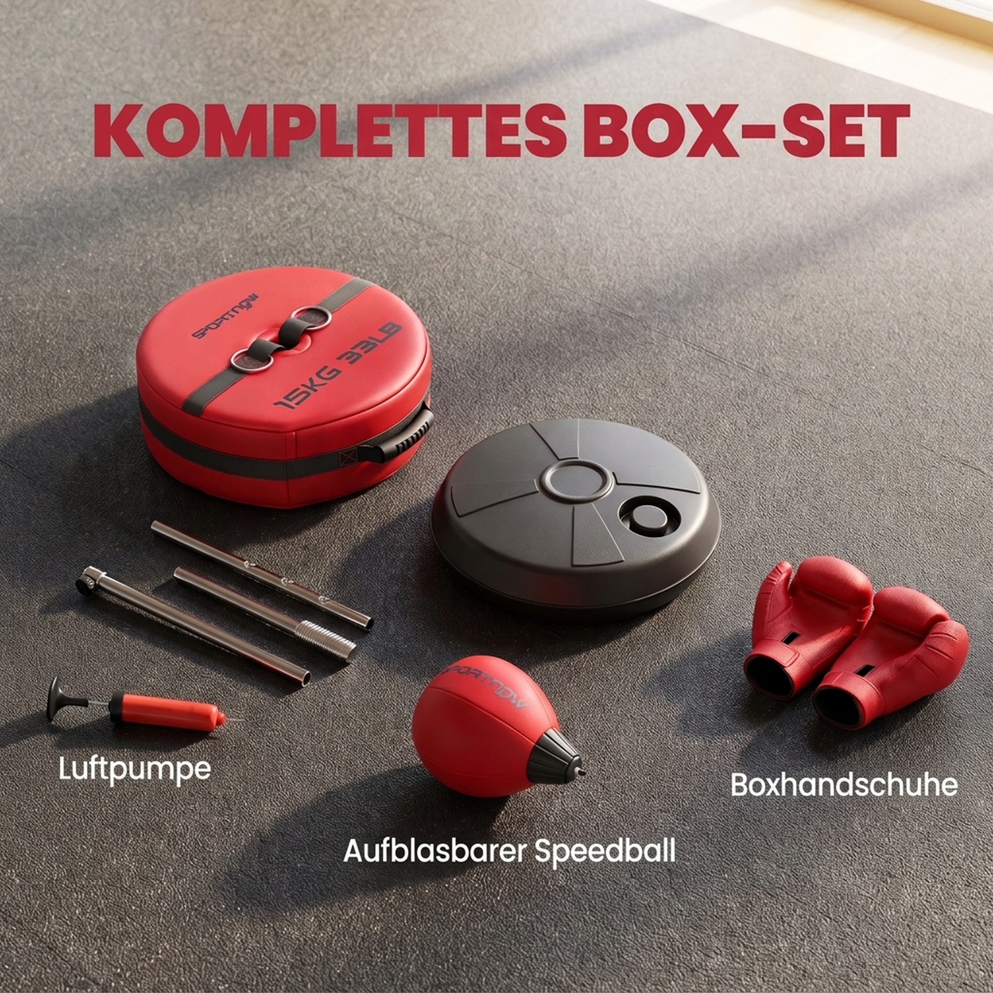Boxsack mit Standfuß, 125-145 cm höhenverstellbares Box-Set, freistehender Speedball mit Handschuhen und Luftpumpe