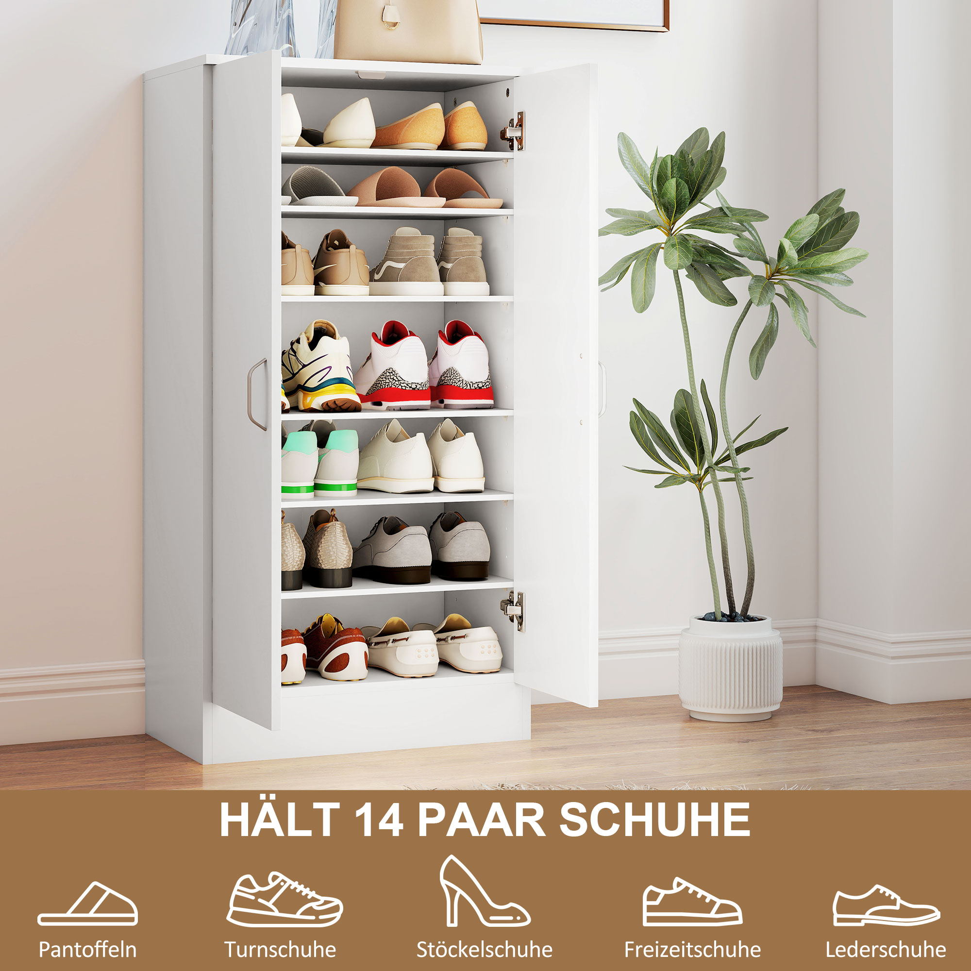 Schuhschrank mit Soft-Close-Scharnieren, verstellbare Regale, 6-stufiges Schuhregal für Flur, Eingangsbereich, für 14 Paare, 55 x 35 x 108 cm, Holz, Weiß