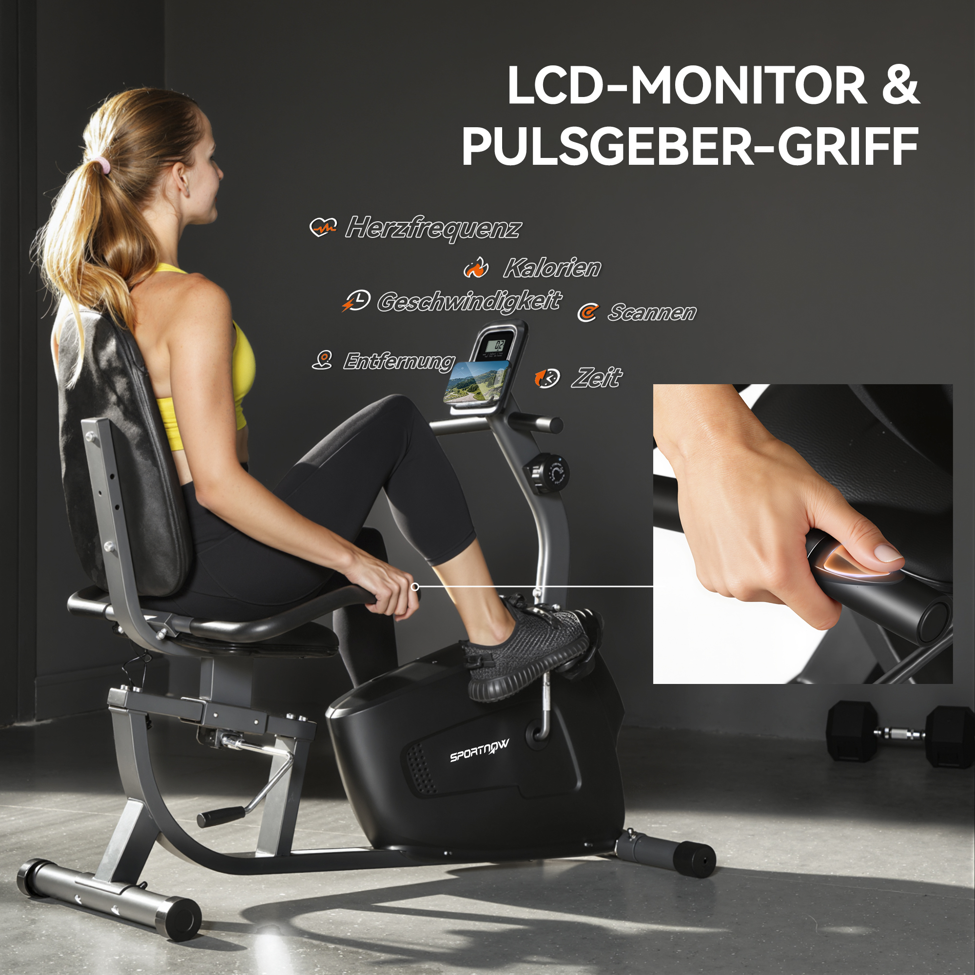 Heimtrainer, Magnet-Liegerad, 8 Widerstandsstufen, verstellbar, LCD-Monitor, Metall, Kunststoff, Schwarz