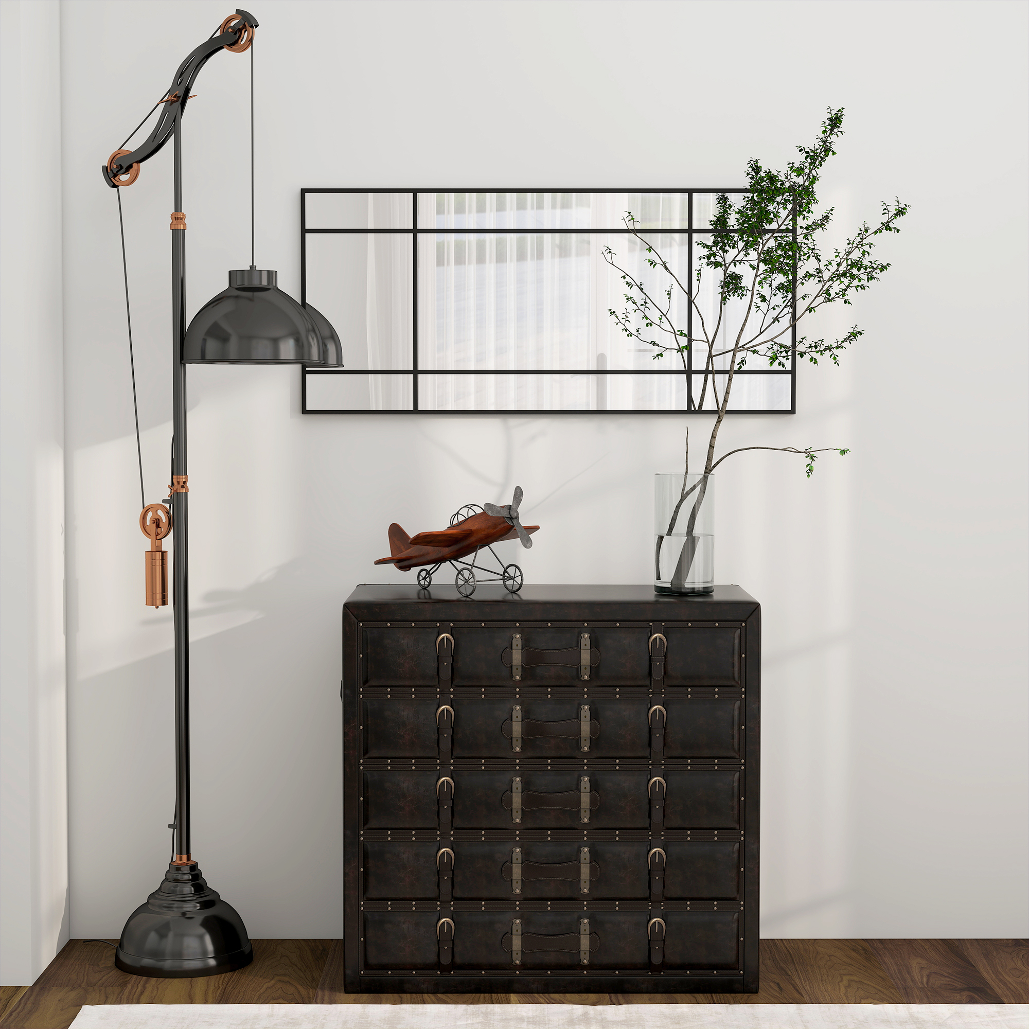 Wandspiegel, dekorativer Spiegel mit Metallrahmen, schwarze Streifen, Mehrschichtglas, 50B x 2T x 110H cm