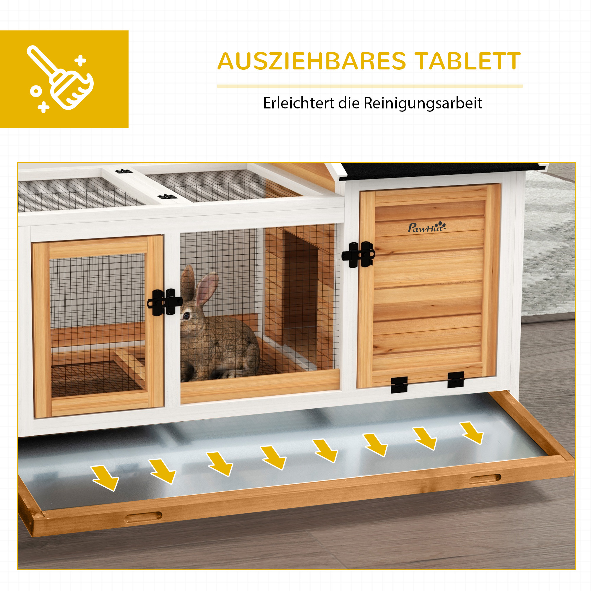 Kleintierstall für Zwergkaninchen, Meerschweinchen, mit Rädern, 108 x 58 x 73,5 cm, Gelb