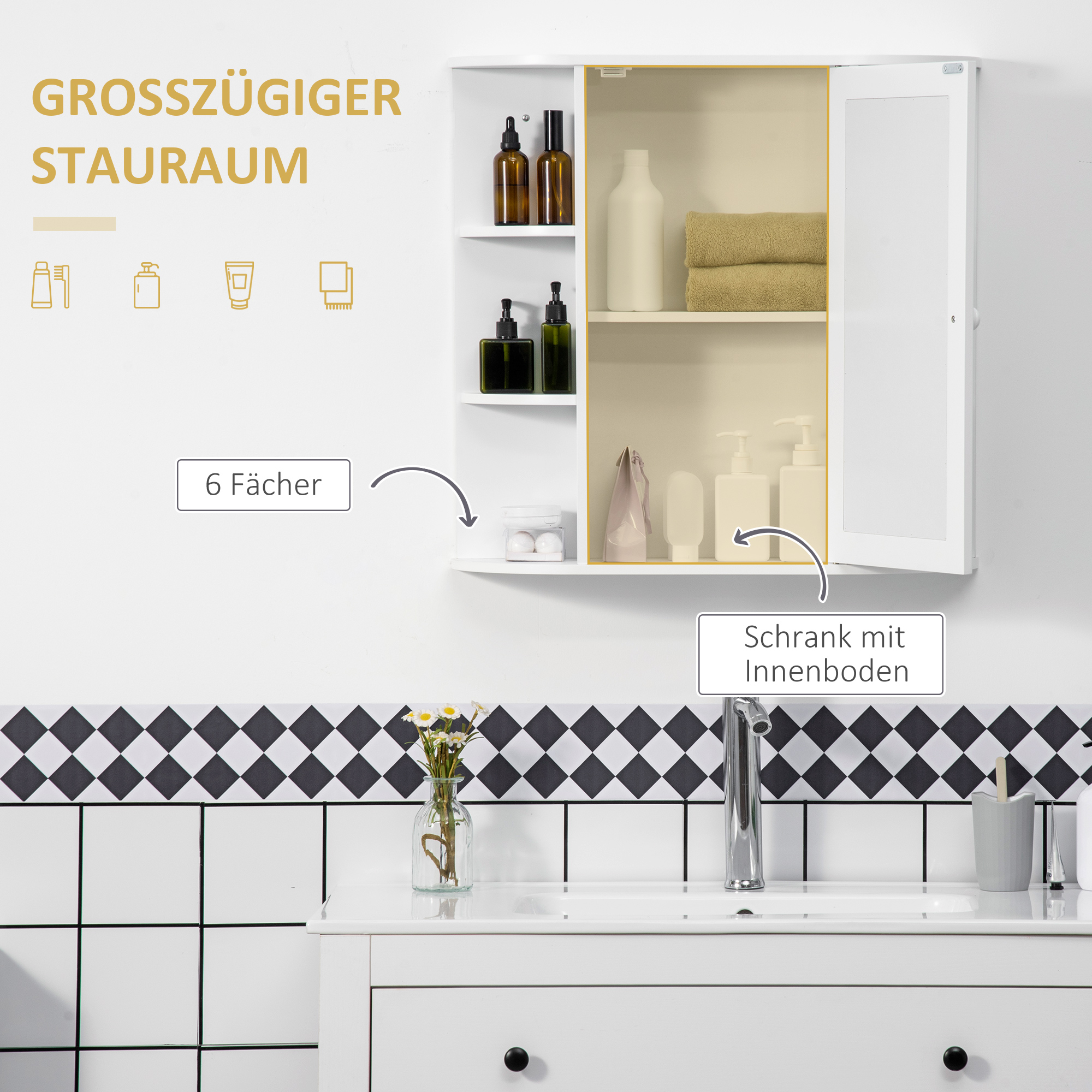 Spiegelschrank Badschrank Badezimmerschrank, 8 Fächer, Spiegeltüren, wasserbeständig, 66 cm x 17 cm x 63 cm, Weiß