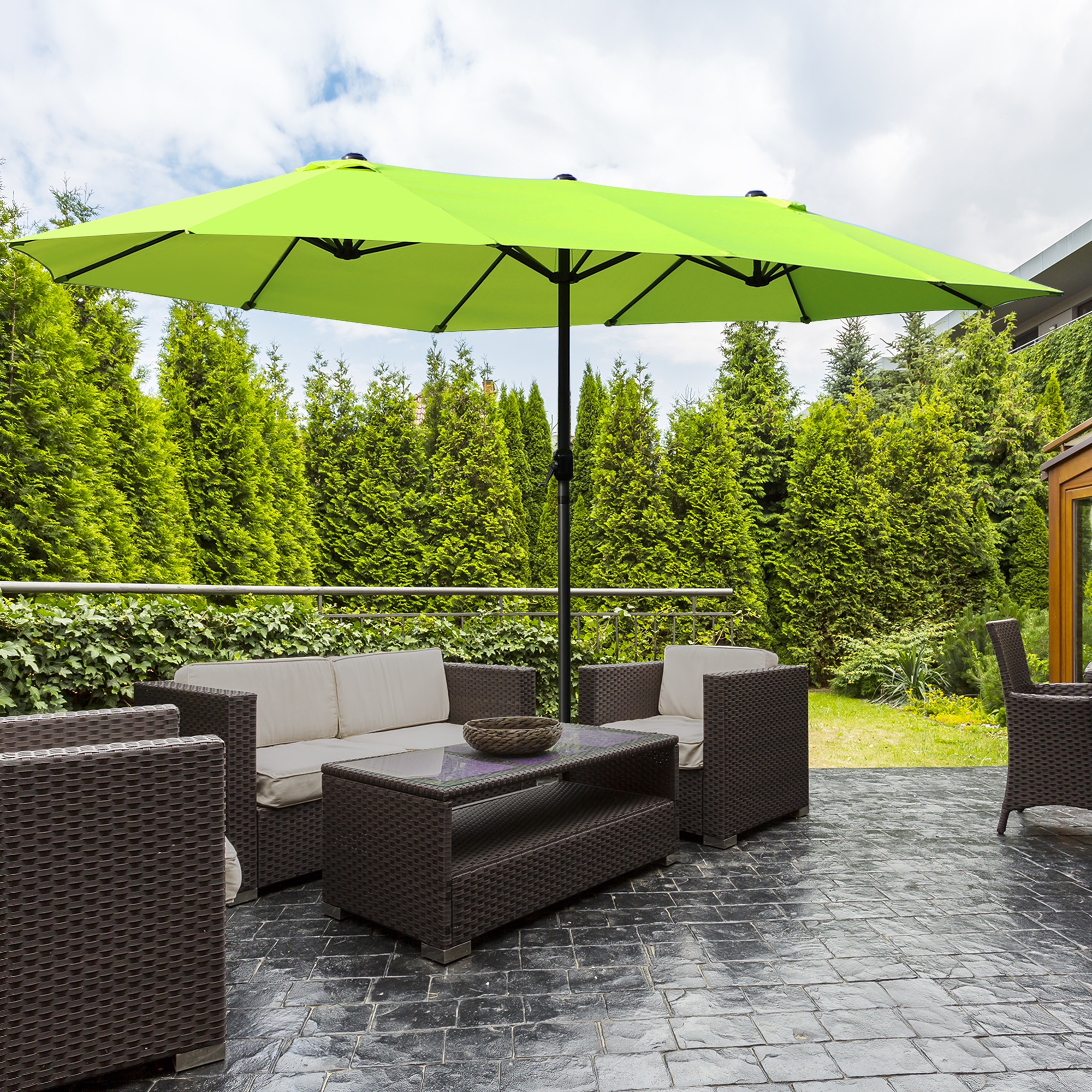 Doppelsonnenschirm 455 x 270 cm Gartenschirm mit Handkurbel oval stabil Metallstange Marktschirm Doppelsonnenschirm Terrassenschirm Sonnenschutz für Strand Balkon Terrasse Garten Grün