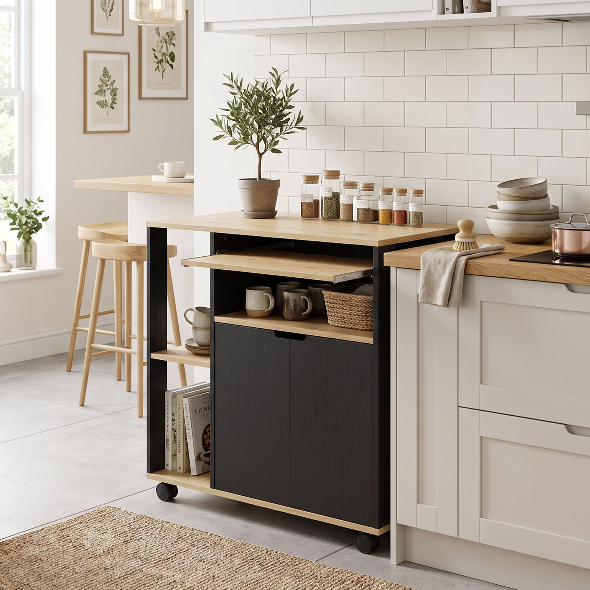 rollender Küchenwagen mit Stauraum, Schrank, verstellbare Regale, für Küche, Wohnzimmer, Esszimmer, Schwarz
