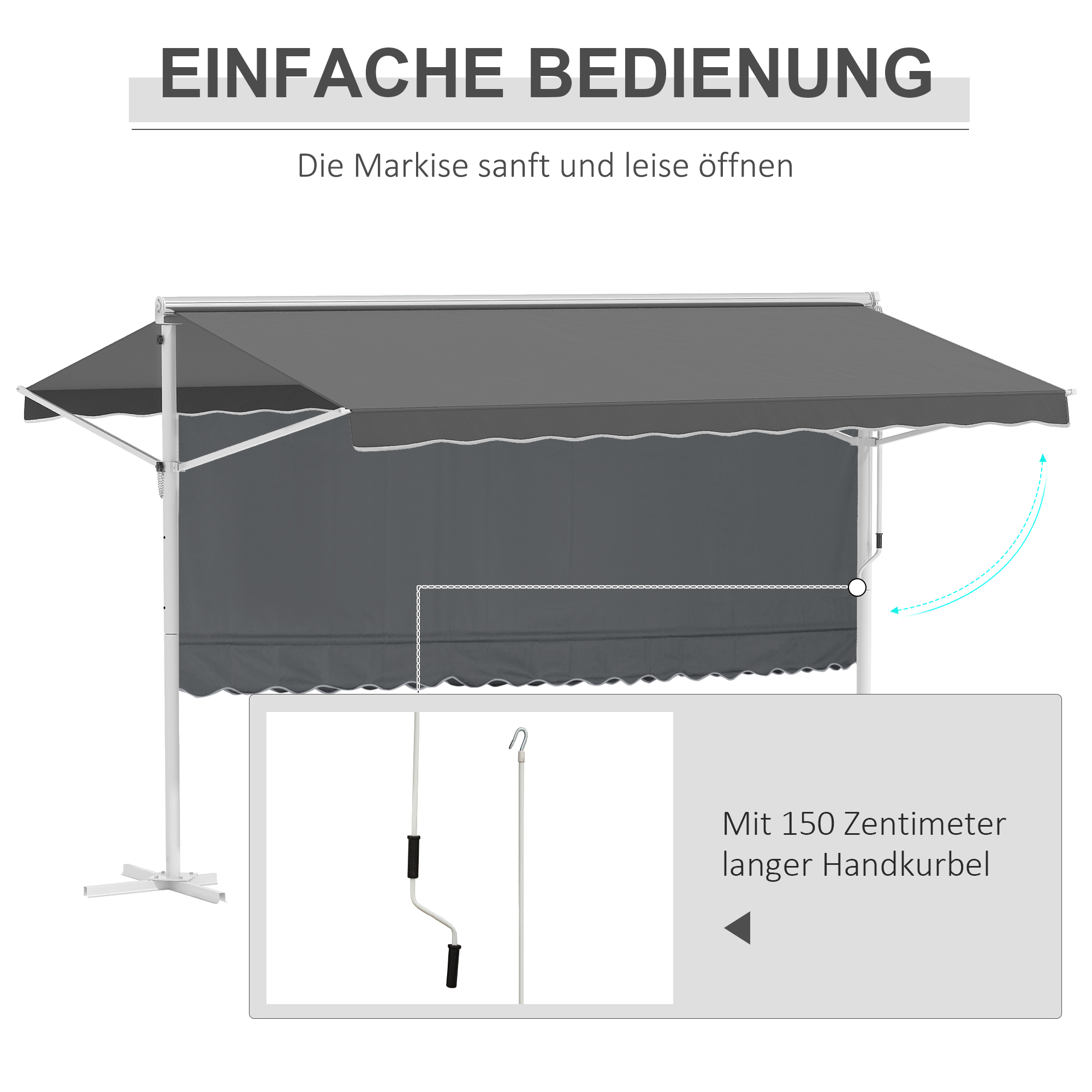 freistehende Markise, neigungsverstellbar, Handkurbel, Metallgestell, wetterfest, 4x3m, Grau