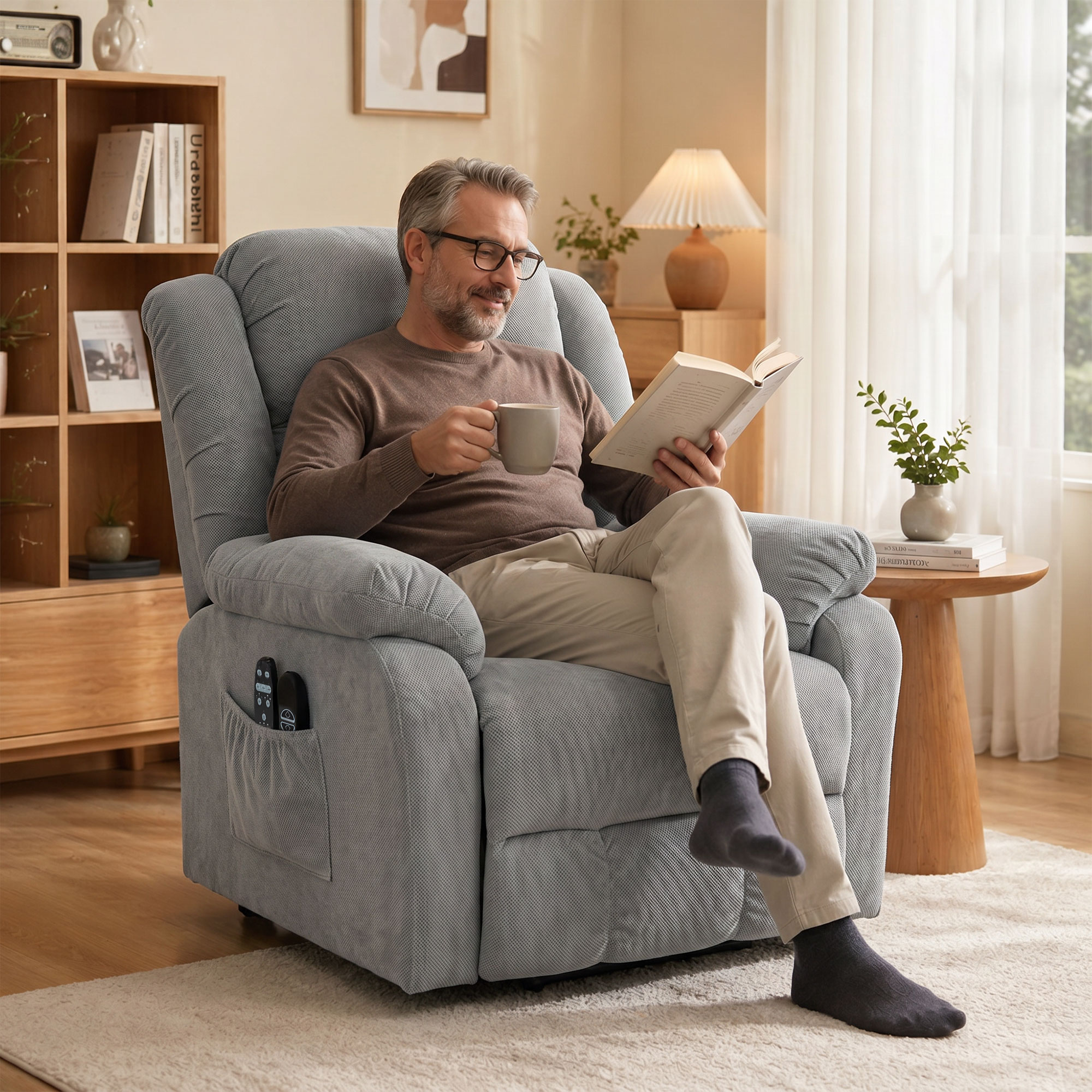 Aufstehsessel mit Massagefunktion und Lendenheizung, Recliner-Sessel mit Fernbedienungen und Seitentaschen, Hellgrau