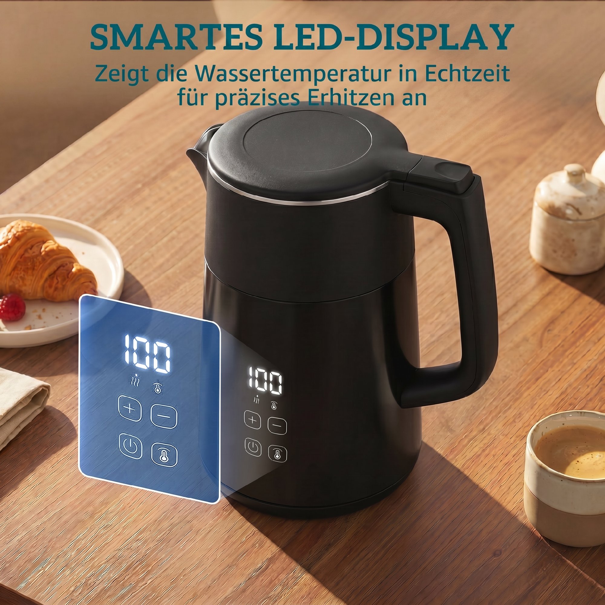 Wasserkocher, 1,7L, Schnellkochend, 2200W, mit LED-Display, Warmhaltefunktion, Trockenkochschutz, PTFE-frei