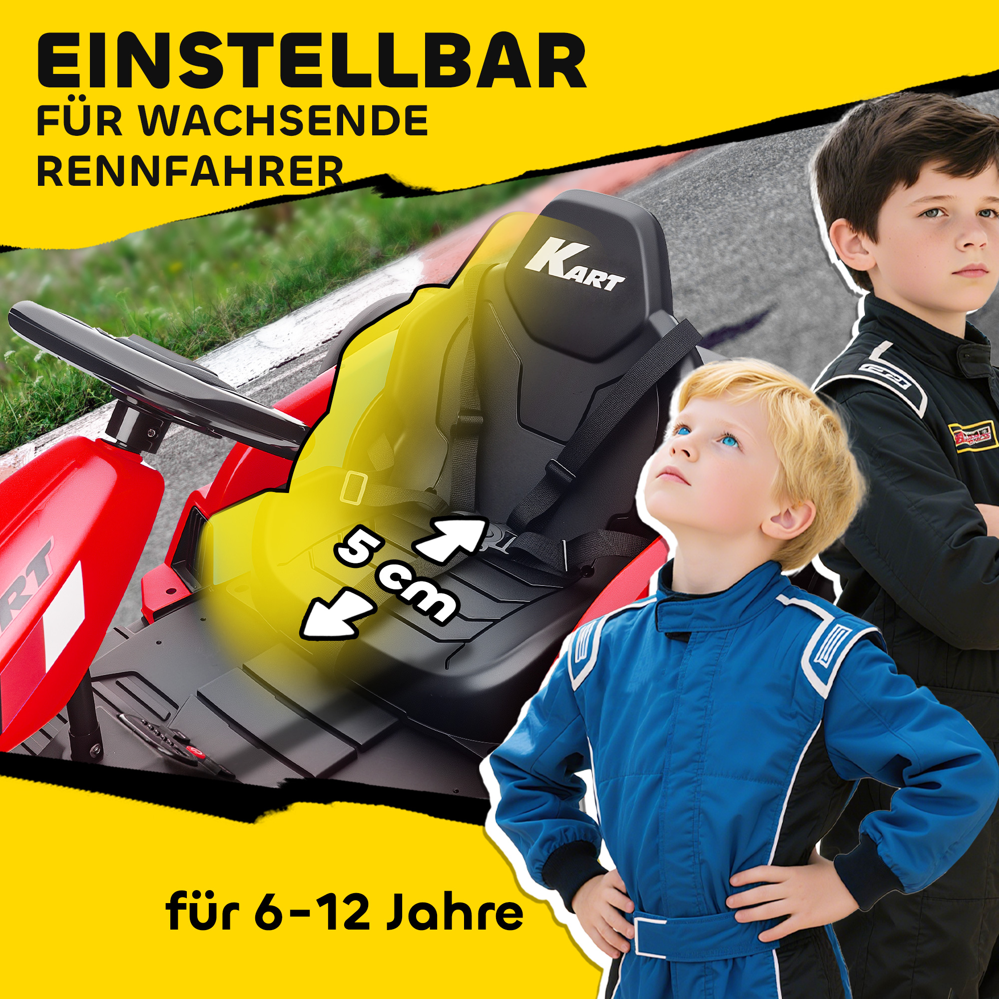 24V Elektrisches Go-Kart, Drift-Modus, verstellbarer Sitz, 5-Punkt-Sicherheitsgurt, Musikfunktion, 6-12 Jahre Rot