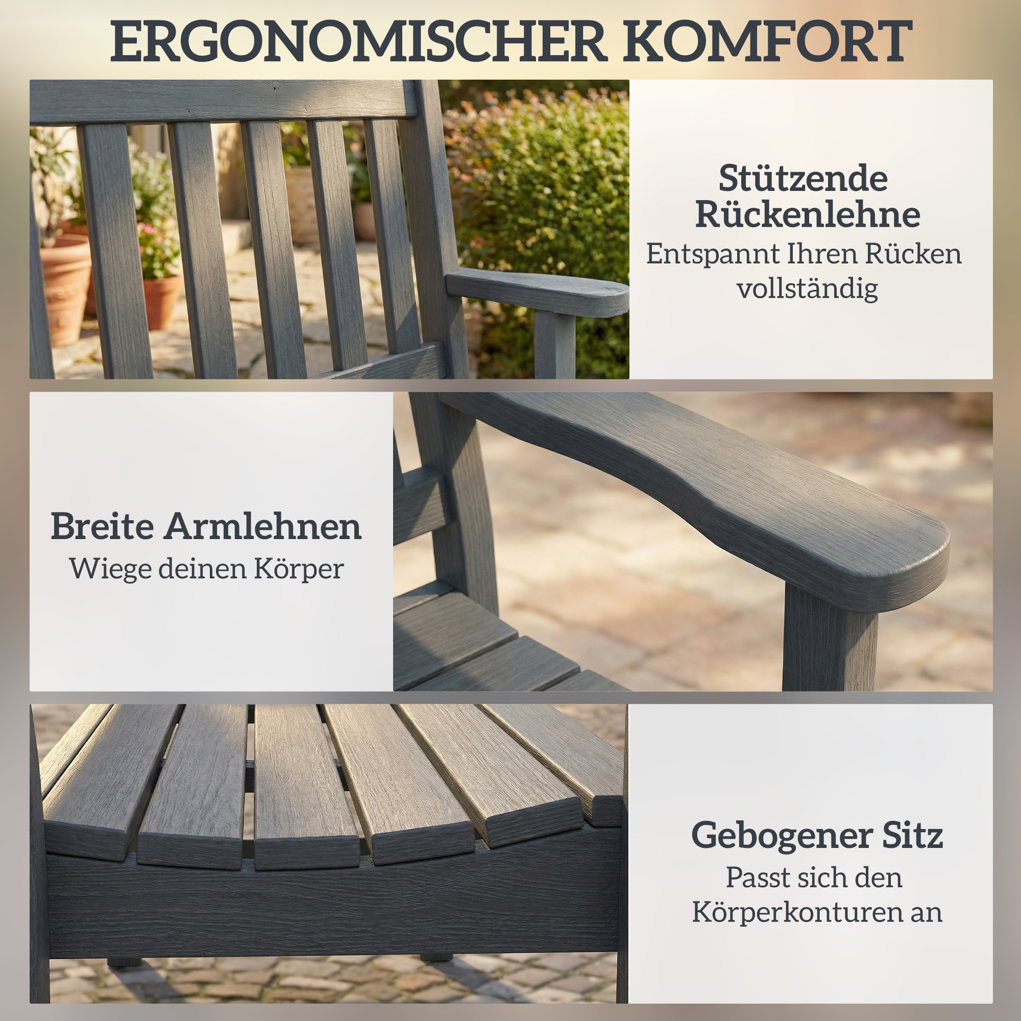 Gartenbank 2-Sitzer wetterfest Kunststoff Outdoor Sitzbank mit Lamelldesign Holzoptik Rückenlehne Grau