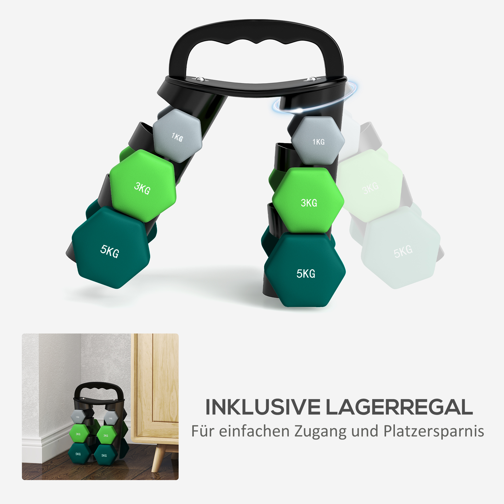 Hantelset mit Aufbewahrungsgestell, Set mit 6 Hanteln für Fitness-Training, 2 x 1kg, 2 x 3kg, 2 x 5kg