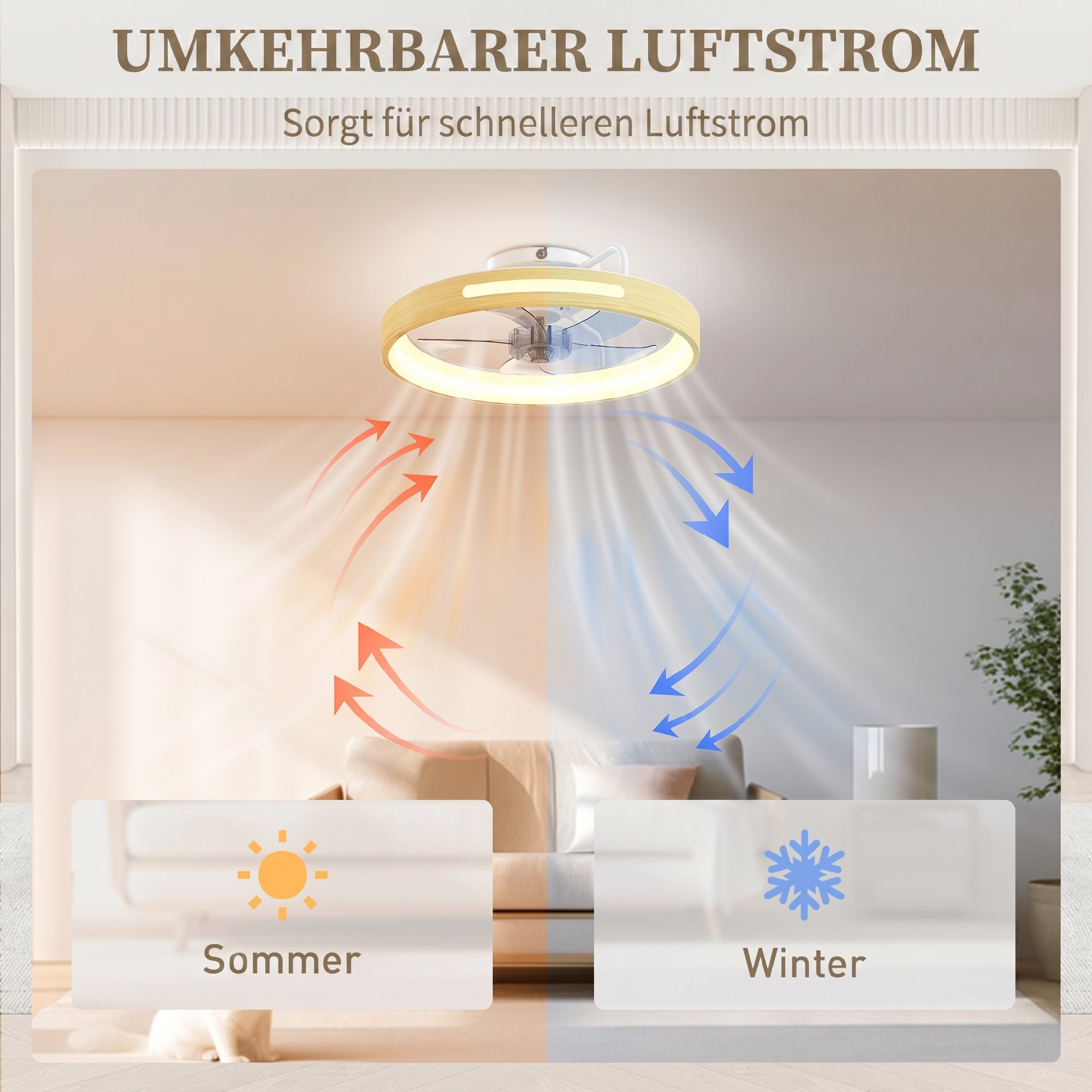 Deckenventilator mit Licht und Fernbedienung, 49 cm LED-Deckenventilator mit 3 Farbtemperaturen, natürliches Holzfinish