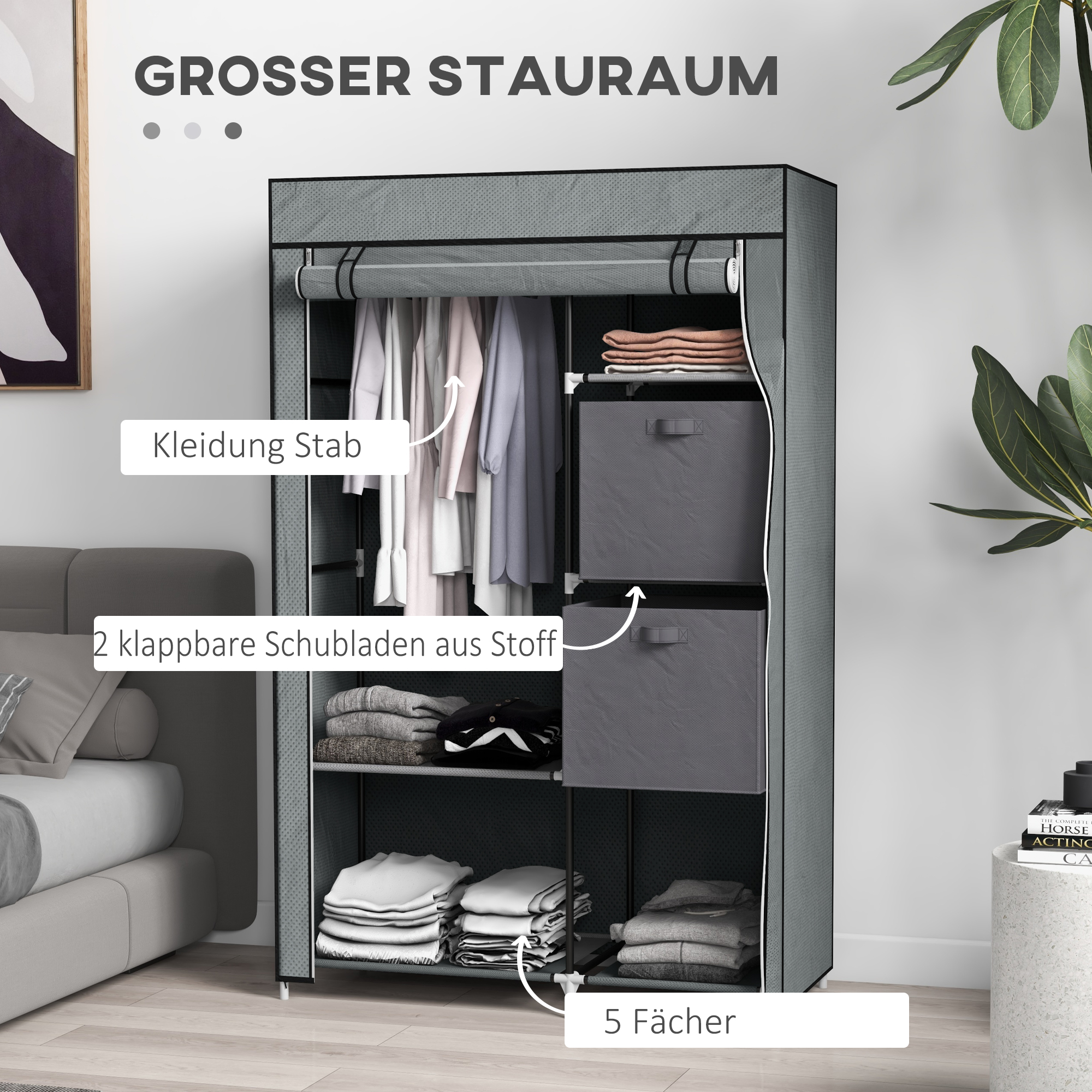 Stoffschrank Kleiderschrank faltbarer Schrank, 1 Kleiderstange, 6 Regalböden, 102 x 42.5 x 162.5 cm, Grau