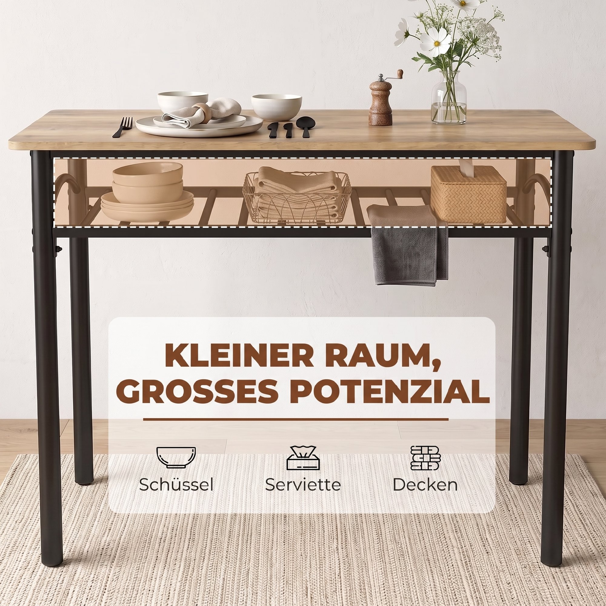 4-teiliges Essgruppen-Set, industrieller Küchentisch mit 2 Stühlen und Bank für 4 Personen, gepolsterte PU-Leder-Sitze, Braun
