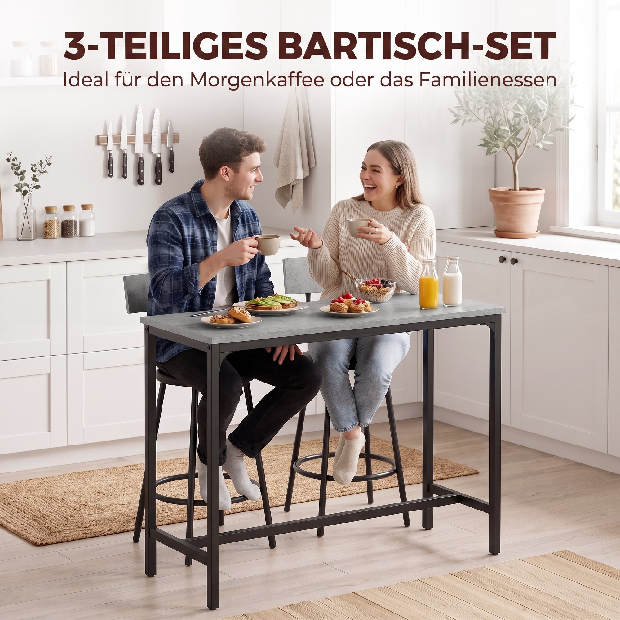 Bartisch mit Barhocker Set Tresentisch mit 2 gepolsterten Hockern mit Fußstütze für Esszimmer, kleinen Raum, Grau