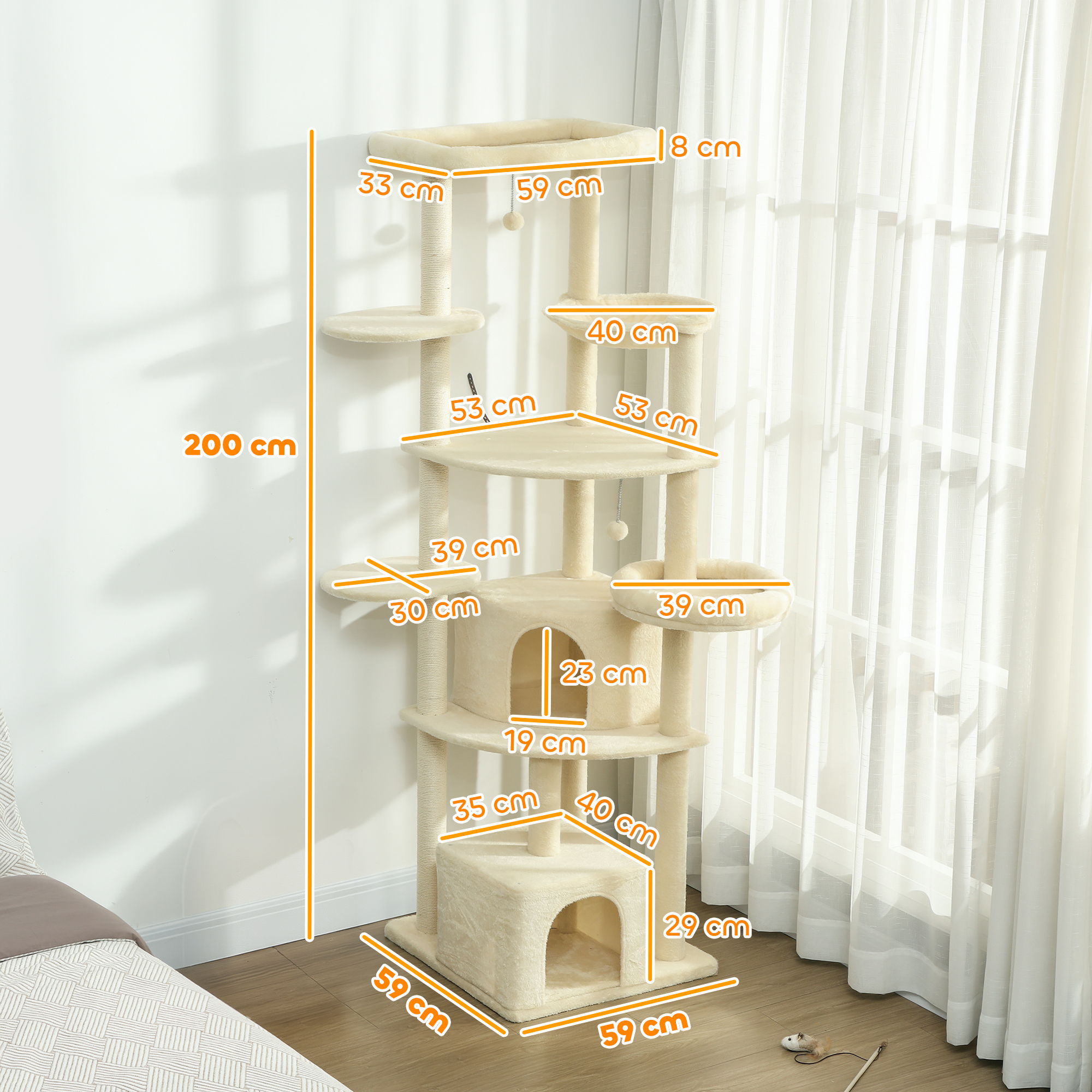 2 Meter hoher Kratzbaum Große für 2-3 Katzen, Kratzpfosten, Höhlen, Hängematte, Verstecke, mehrstöckiges Design, Sisal, Holz, Plüsch, Beige