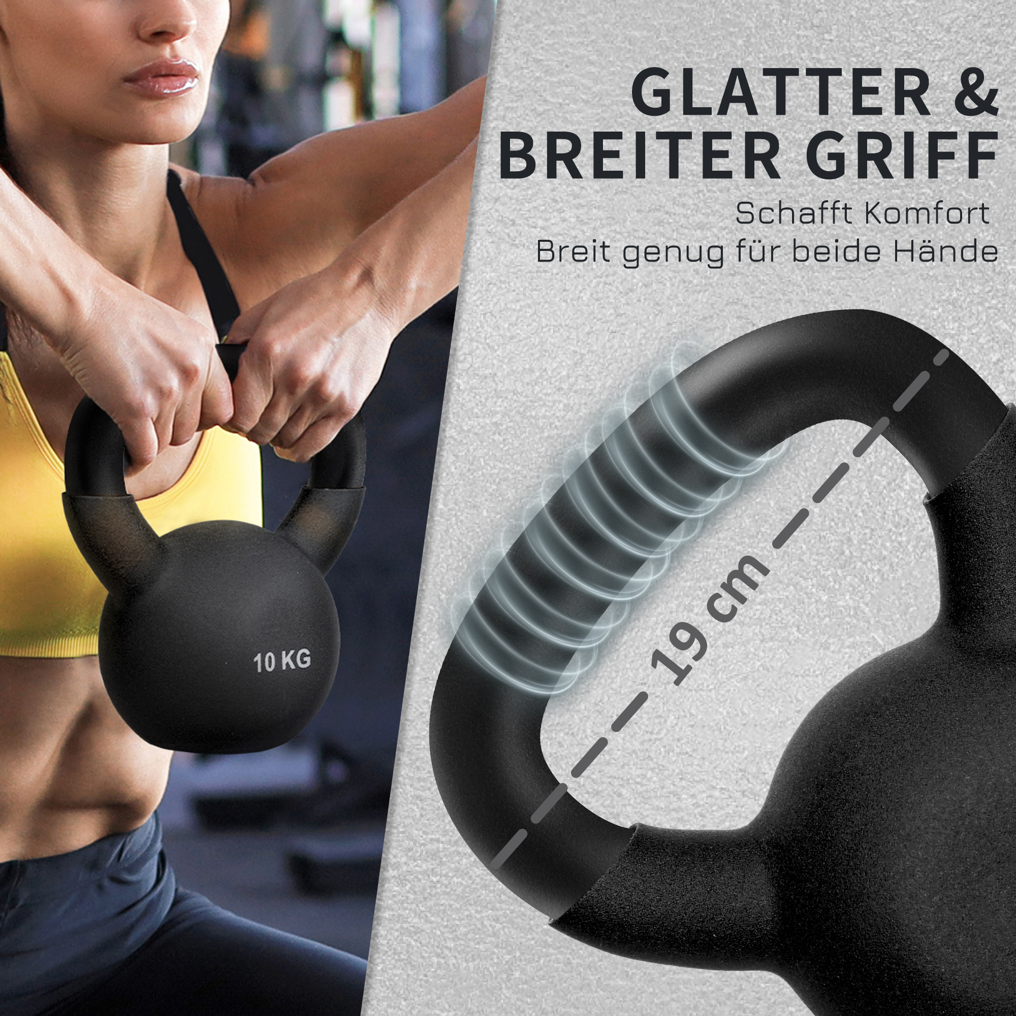 Kettlebell, Kugelhantel, 10 kg, mit Kunststoffummantelung, Stahl, schwarz 19 x 12 x 22cm