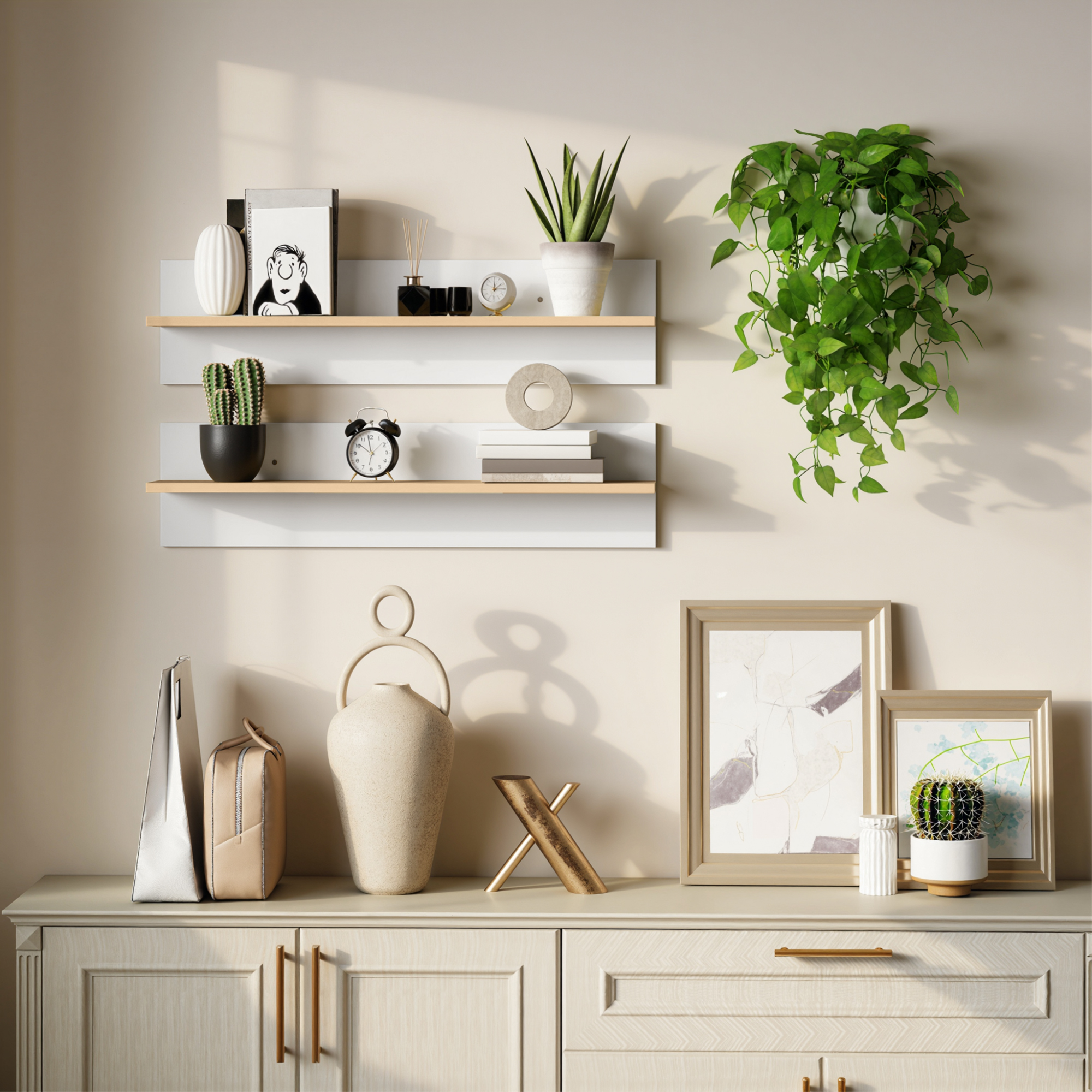Wandregal 2er-Set Schweberegal, Wandboard, Regalbrett zur Präsentation, für Küche, Wohnzimmer, Weiß+Naturholz