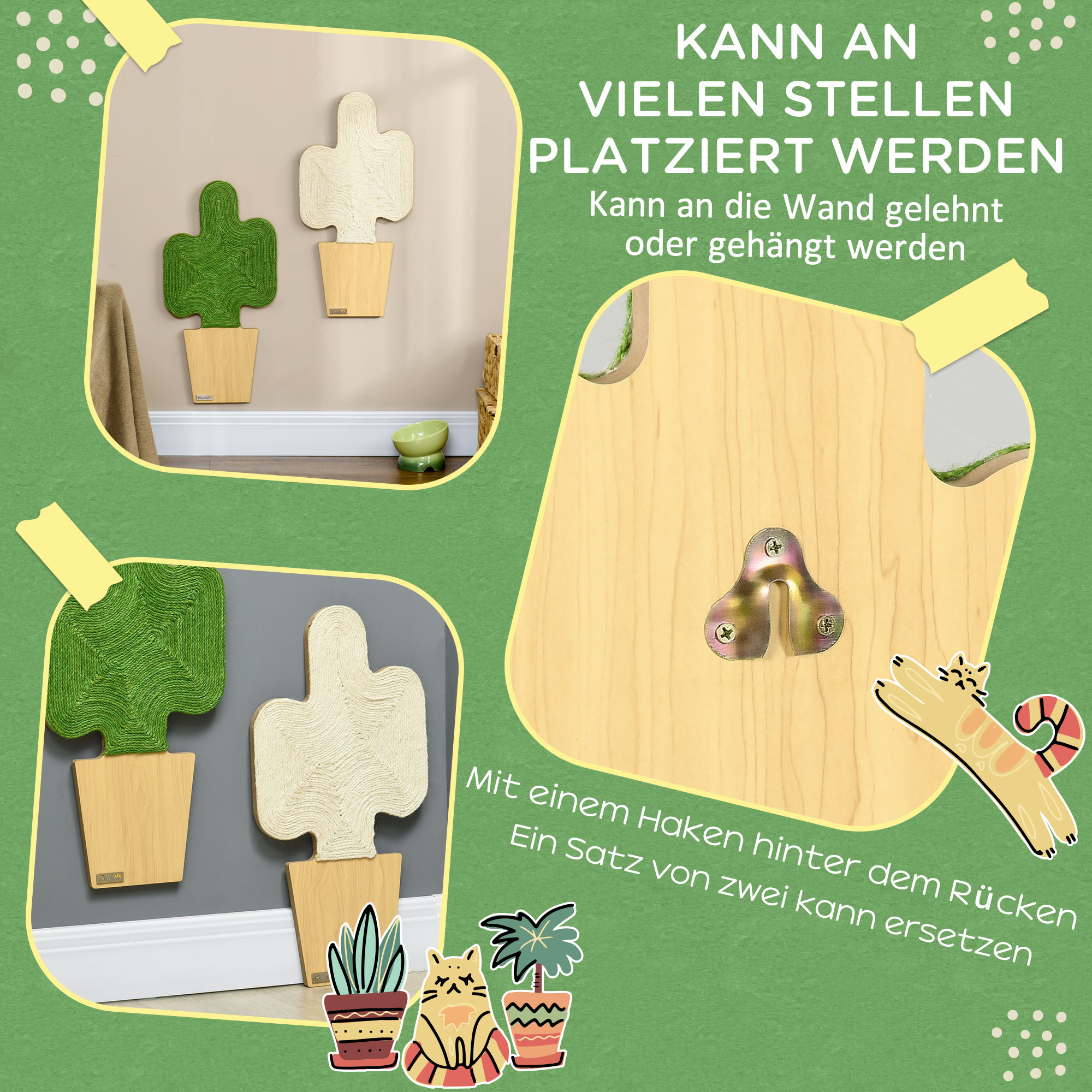 2er-Set Kratzbäume Kratzstämme, Kakteen-Design zur Befestigung an der Wand, 30 cm x 60 cm, Eiche+Weiß+Grün