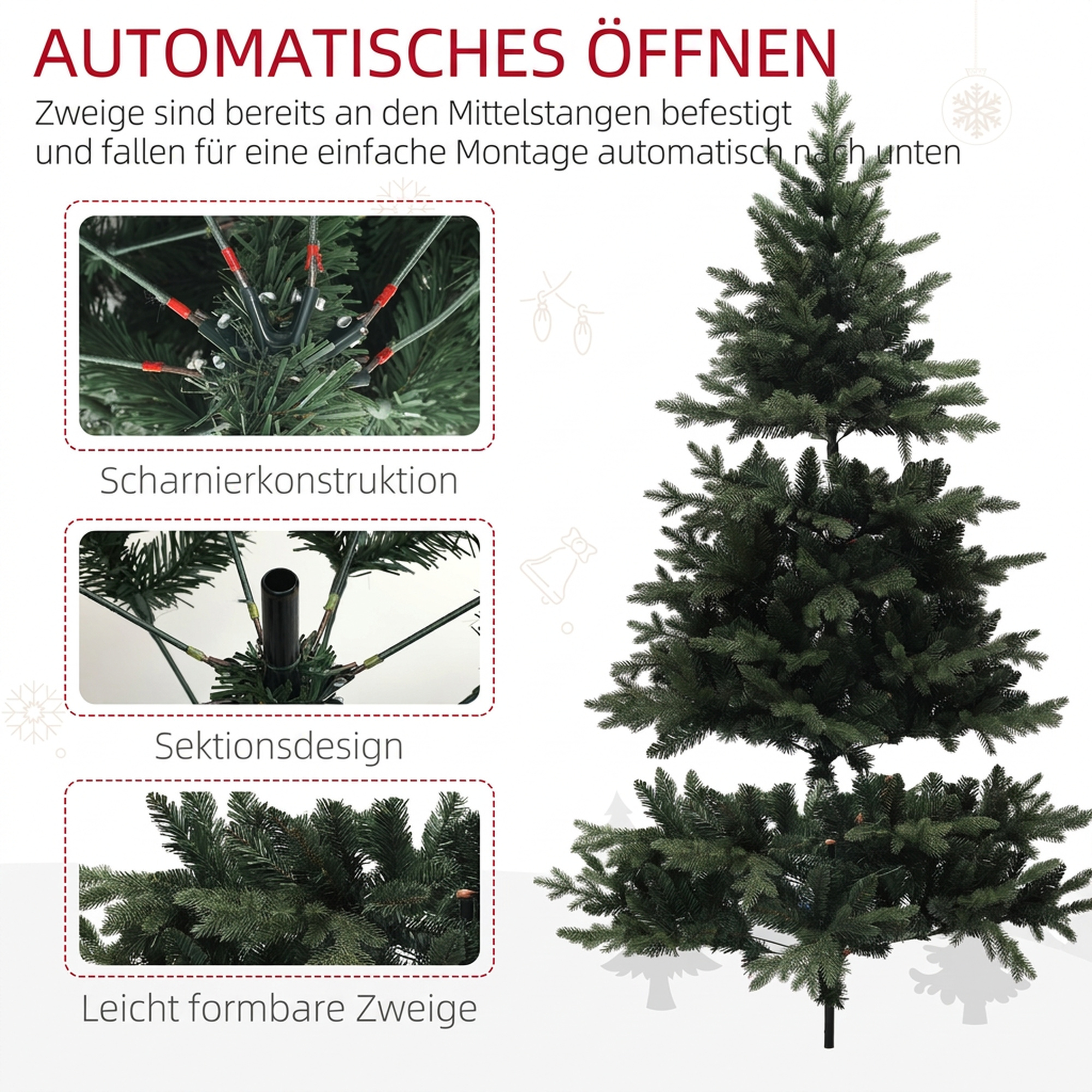 180 cm künstlicher Weihnachtsbaum im Fichtendesign mit 1696 Zweigspitzen und klappbarem Stahlfuß, Christbaum für Zuhause oder Büro, Grün