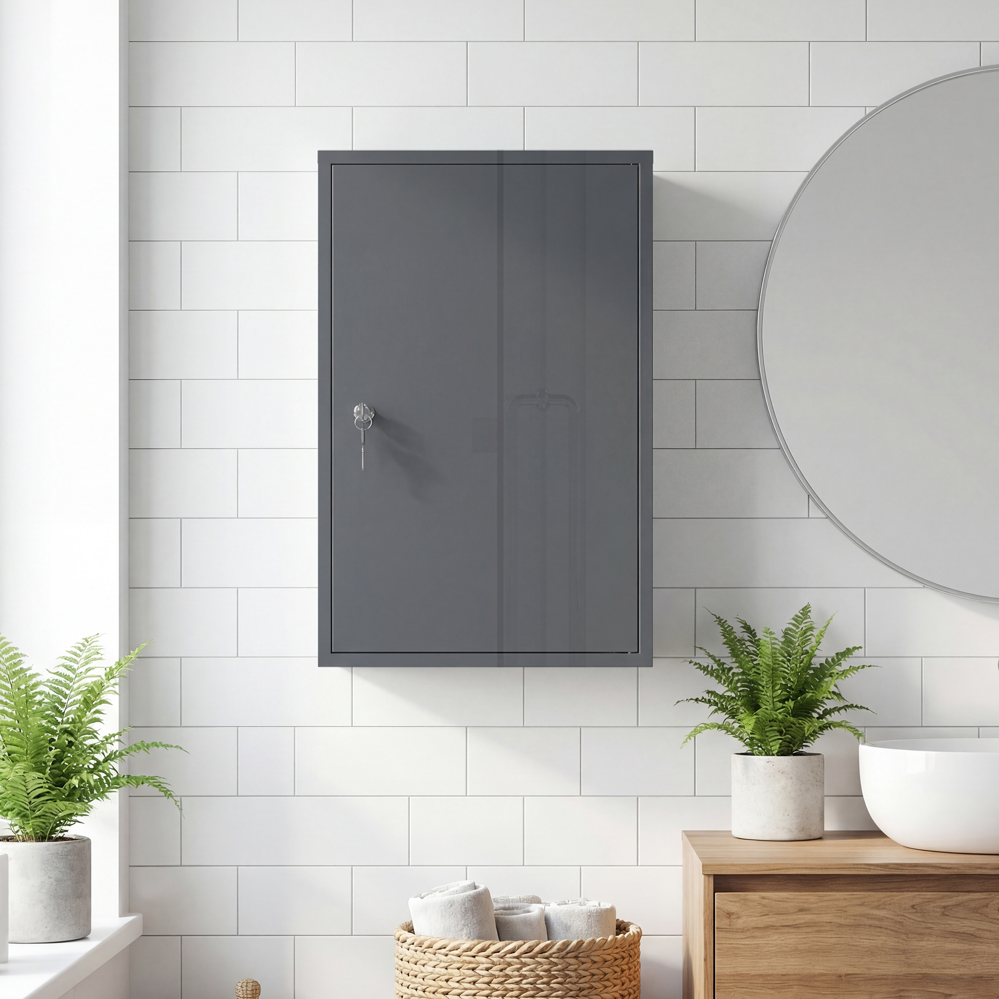 Wand-Medizinschrank, Badezimmerschrank mit 3 Regalböden, 2 Schlüsseln, 40 x 18 x 60 cm, Grau