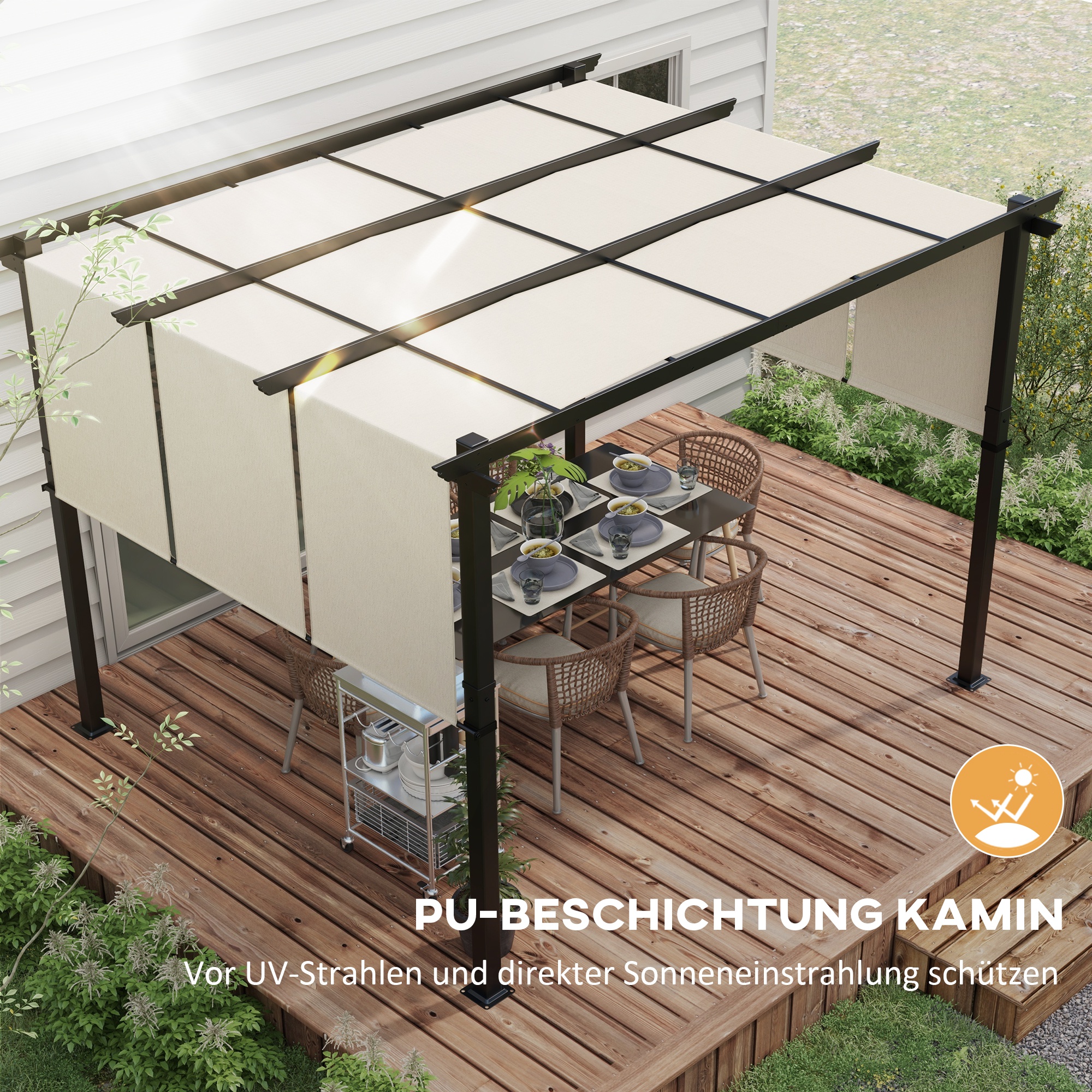 Markise Sonnenschutz. Pergola, wetterbeständig,  inkl. Befestigungsmaterial, 3 x 3,5 m, Beige