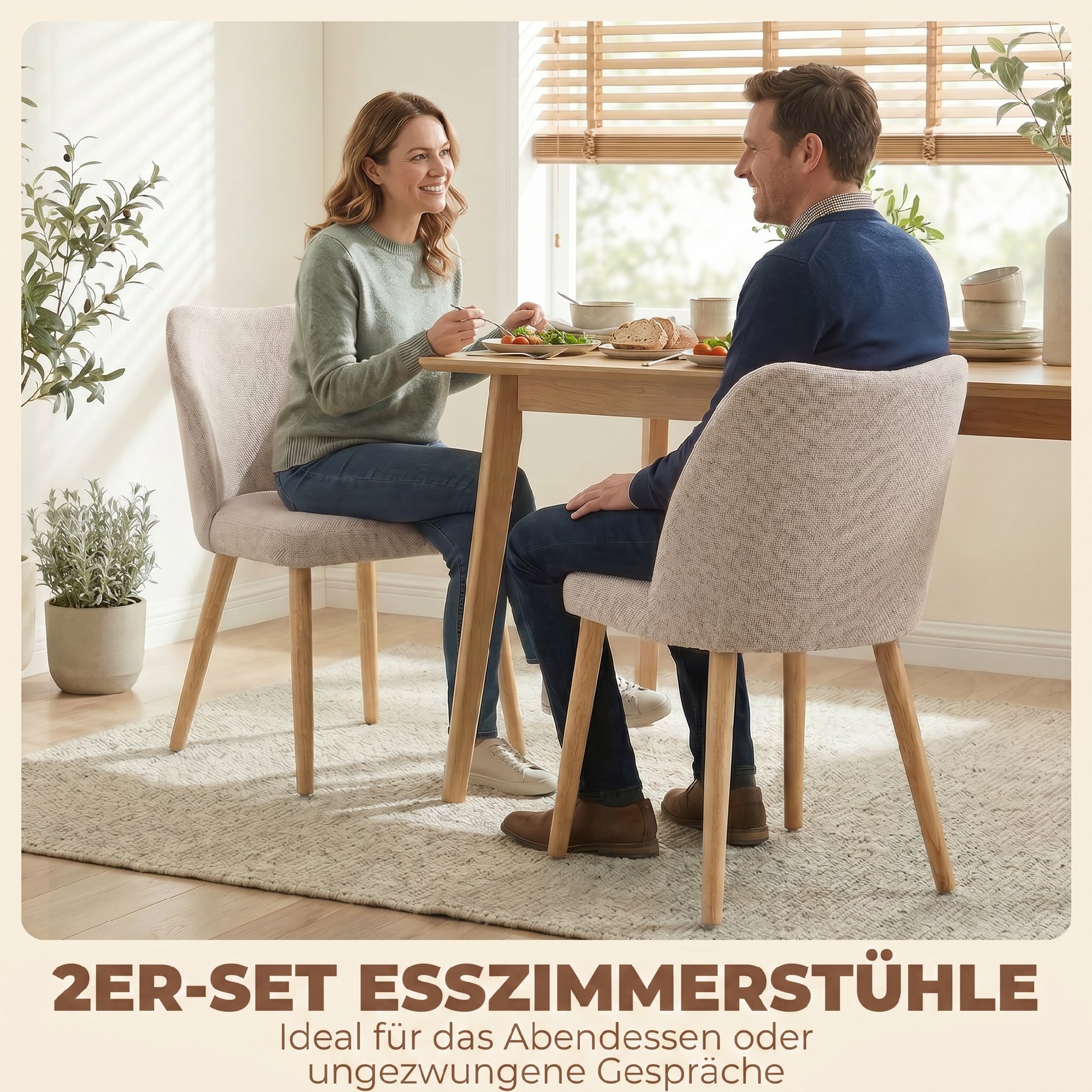 Esszimmerstühle 2er-Set, gepolsterte Küchenstühle mit Leinenoptik, für Esstisch, Wohnzimmer, Cremeweiß