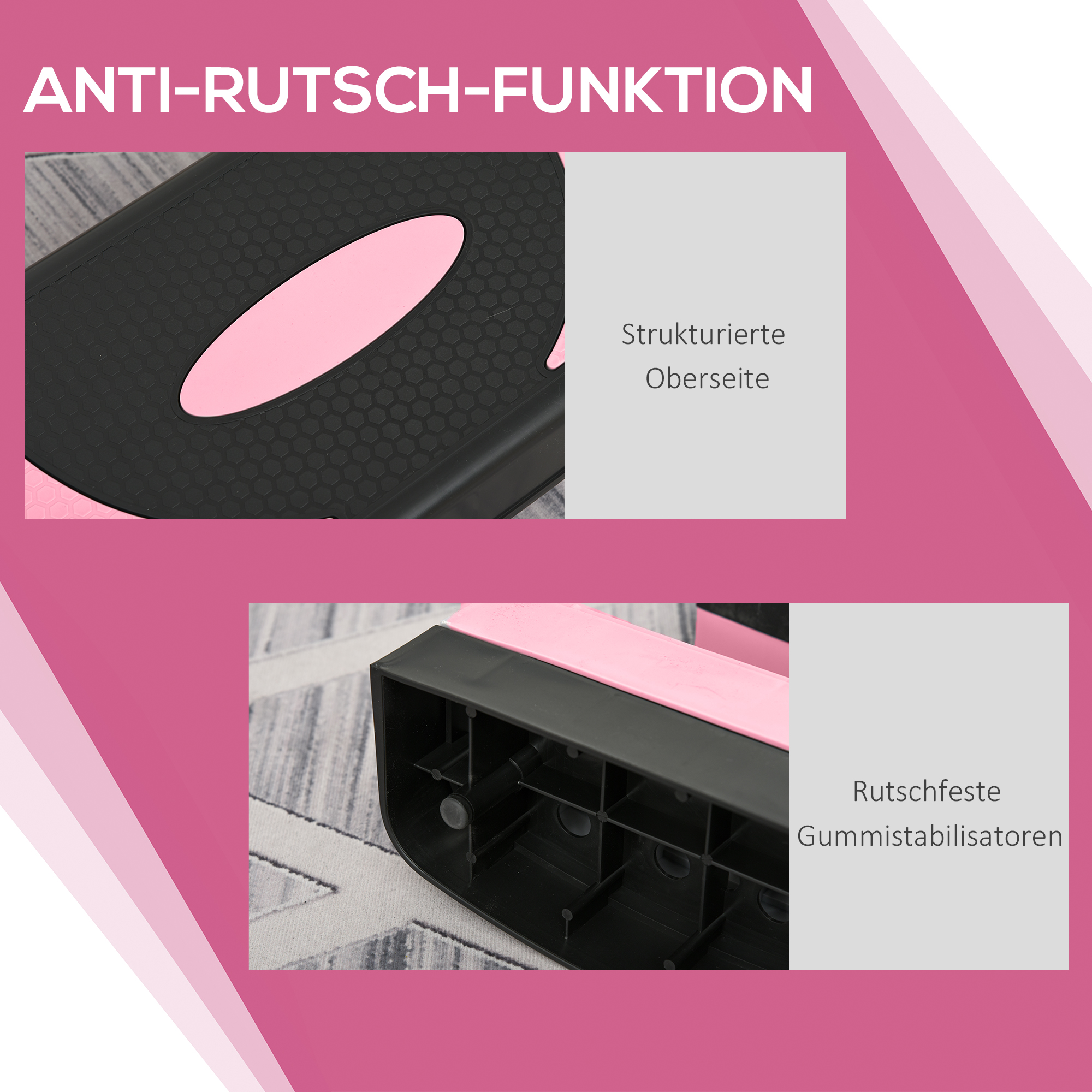 Aerobik-Stepper, höhenverstellbar, 80 x 31 x 10/15/20 cm, bis 150 kg, Schwarz/Rosa/Grau