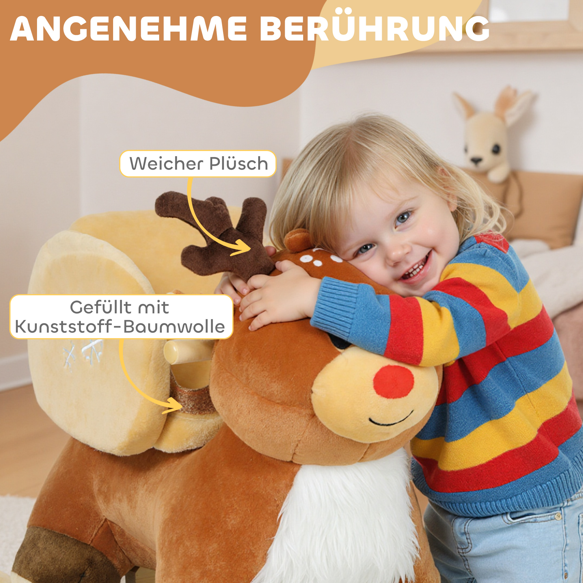 Kinder Schaukelpferd Baby Schaukeltier Rentier mit Schlafliedern, für 18-36 Monate Plüsch 65 x 35 x 59 cm Braun