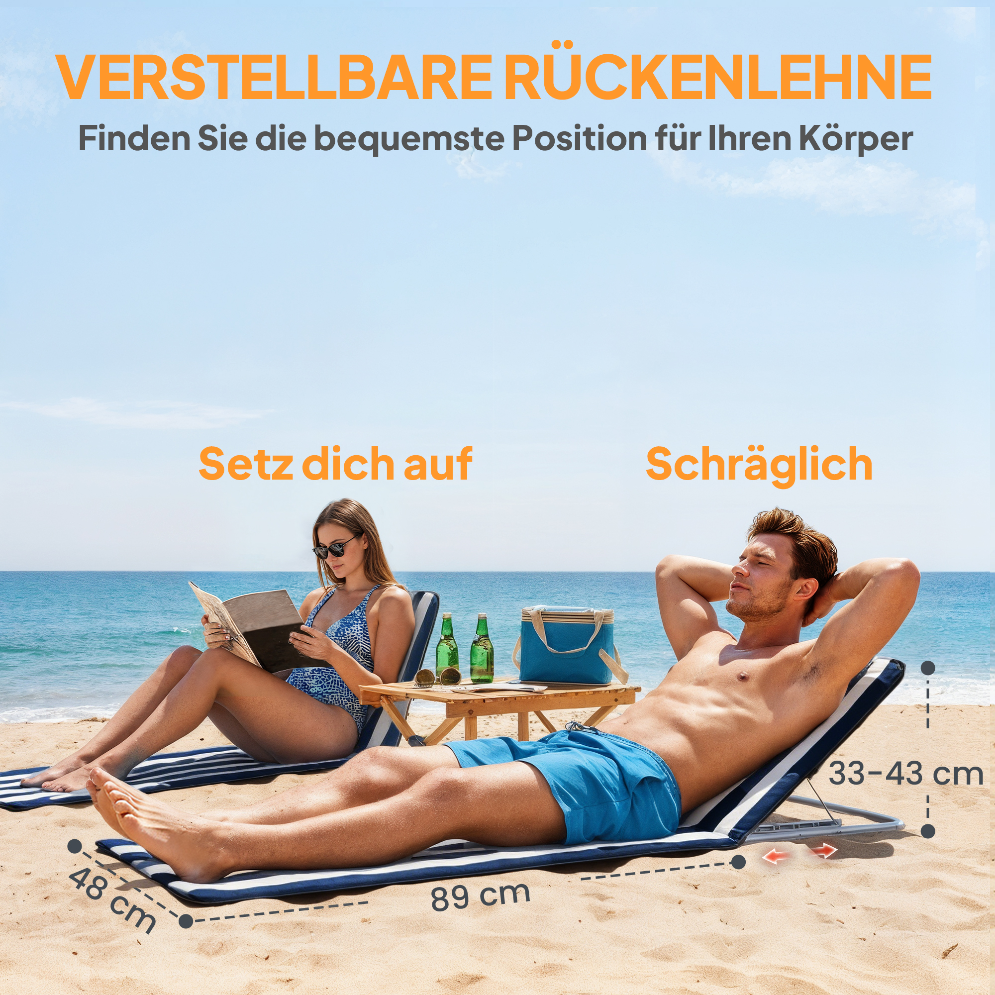 Sonnenliege klappbar Gartenliege mit Kopfkissen Liegestuhl mit 5-Fach verstellbare Rückenlehne Tragetasche Blau