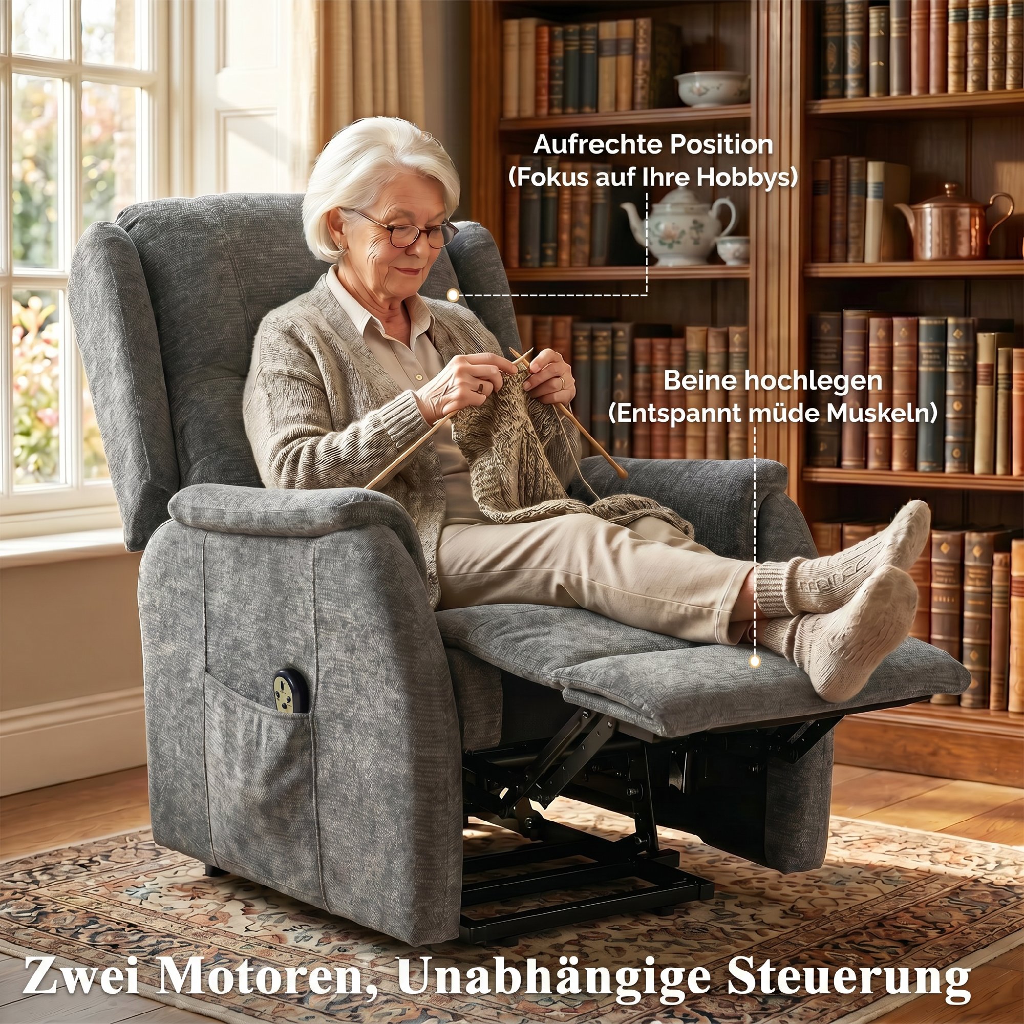 Fernsehsessel Relaxsessel mit Aufstehhilfe für Senioren, Chenille-Optik, mit Fernbedienung und Seitentaschen, Dunkelgrau
