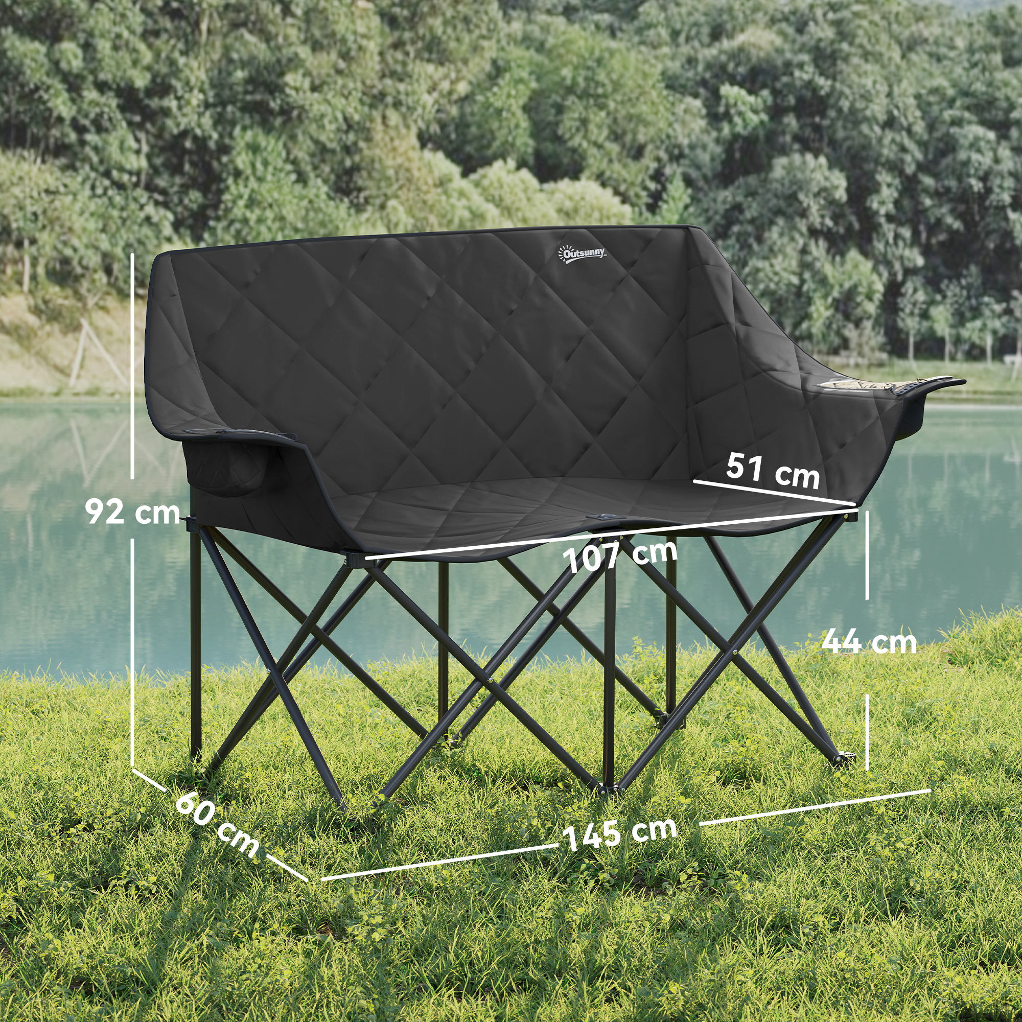 Faltstuhl faltbar 2 Sitzer Campingstuhl mit Tragetasche Outdoor bis 250kg belastbar 145 x 60 x 92 cm Schwarz