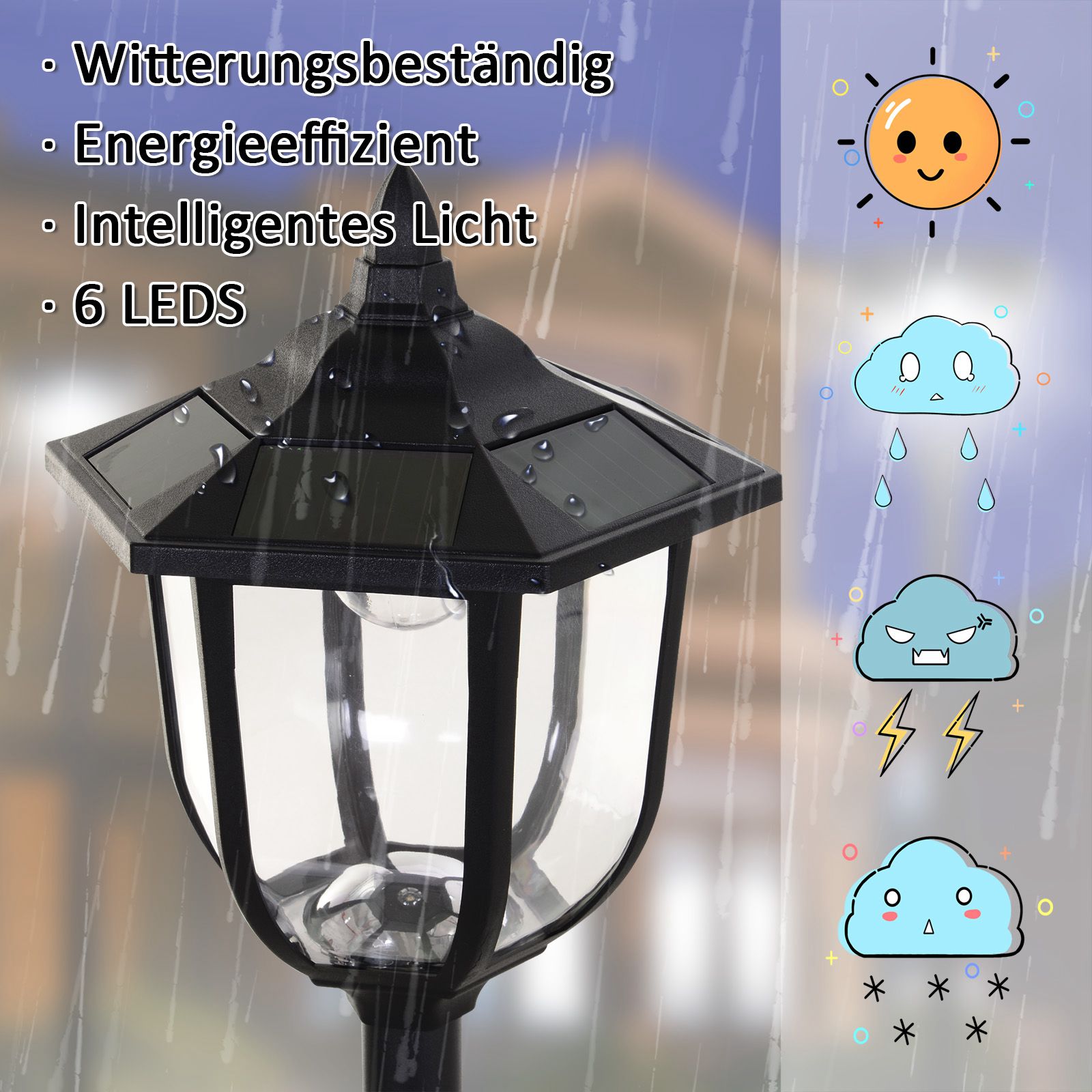 Solar LED Gartenlaterne, Laterne aus Kunststoff, Außenleuchte für Innen und Außen 177 cm hoch, Gartenleuchte, 30/60 Lumen, für Garten Balkon Deko Schwarz