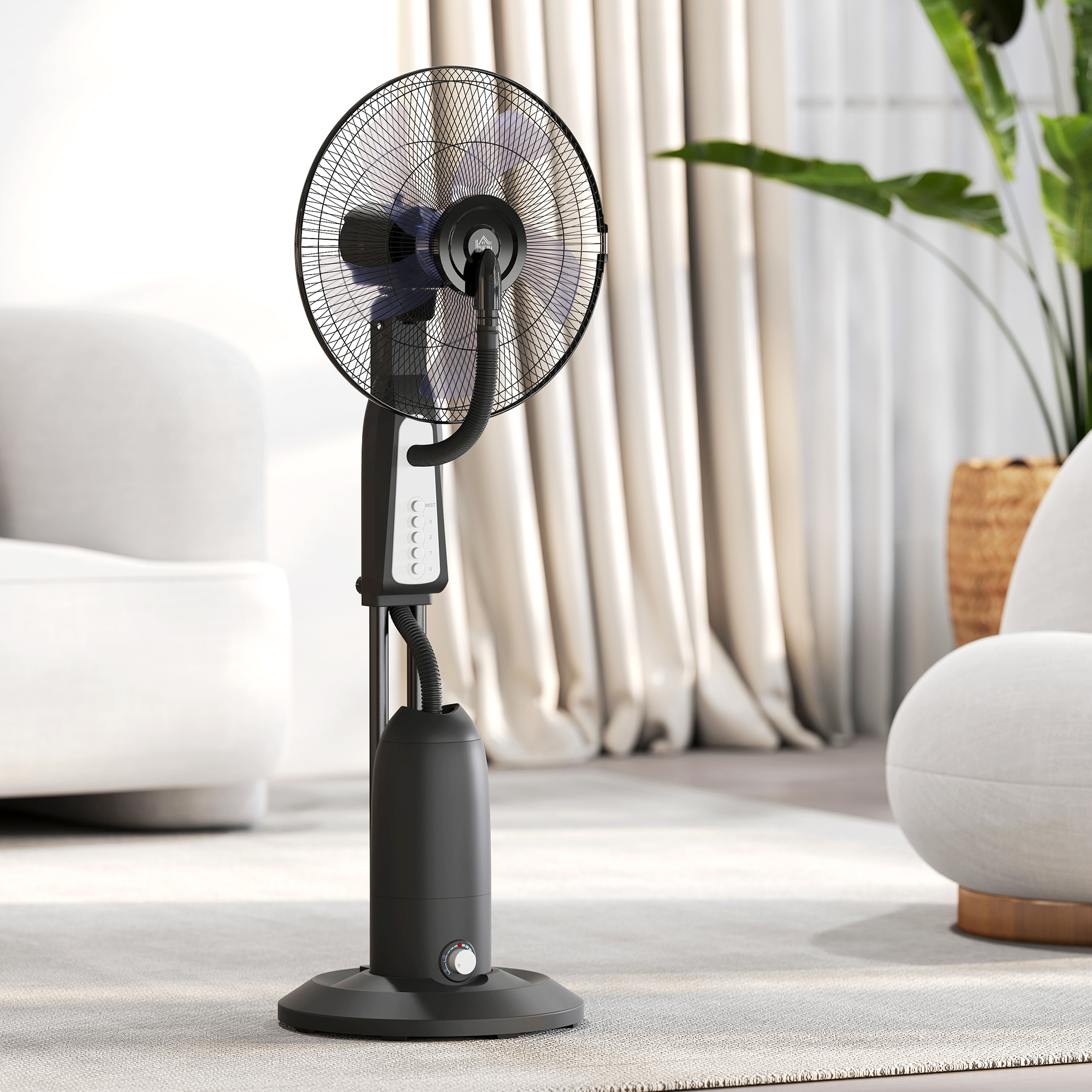 Ventilator mit Sprühnebelfunktion, 3 Liter-Tank, 75 Grad drehbar, 3 Geschwindigkeiten, rollbar, 125 cm, Schwarz