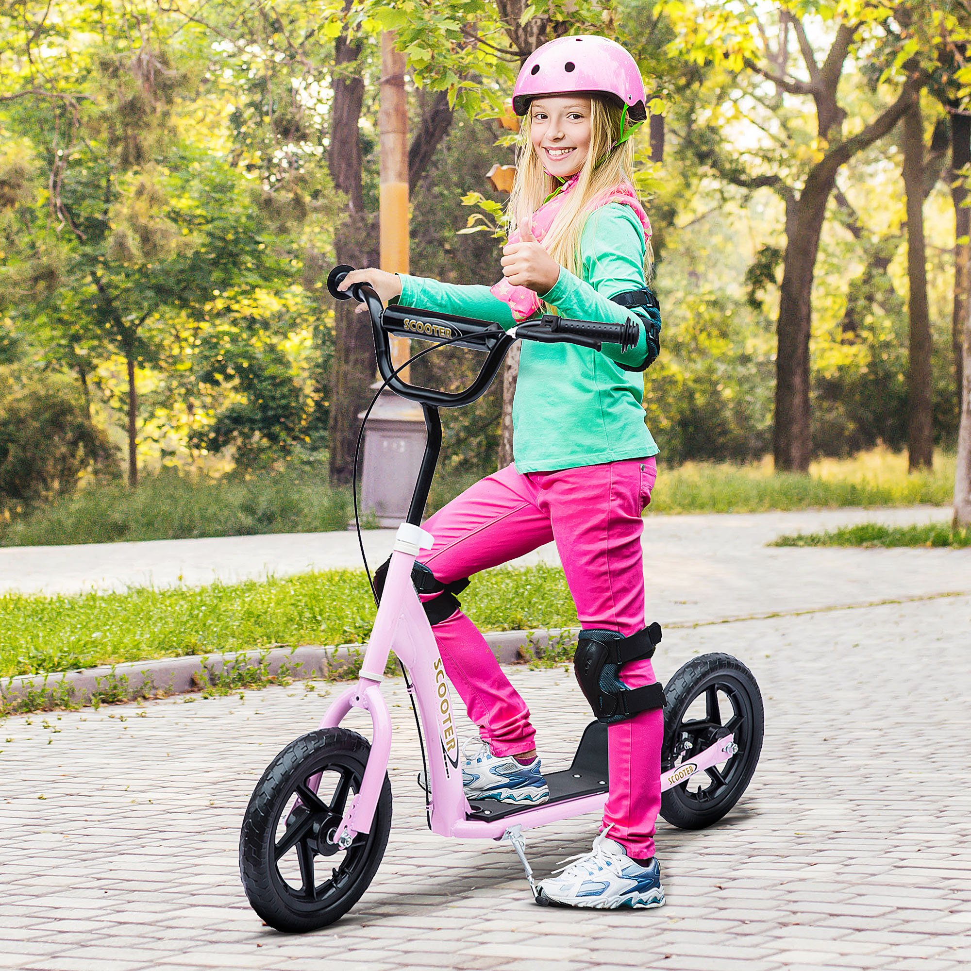 Tretroller, Scooter für Kinder, mit Handbremse, Ständer, 12 Zoll Räder, ab 5 Jahren, Stahl, Rosa 120 x 52 x 88 cm