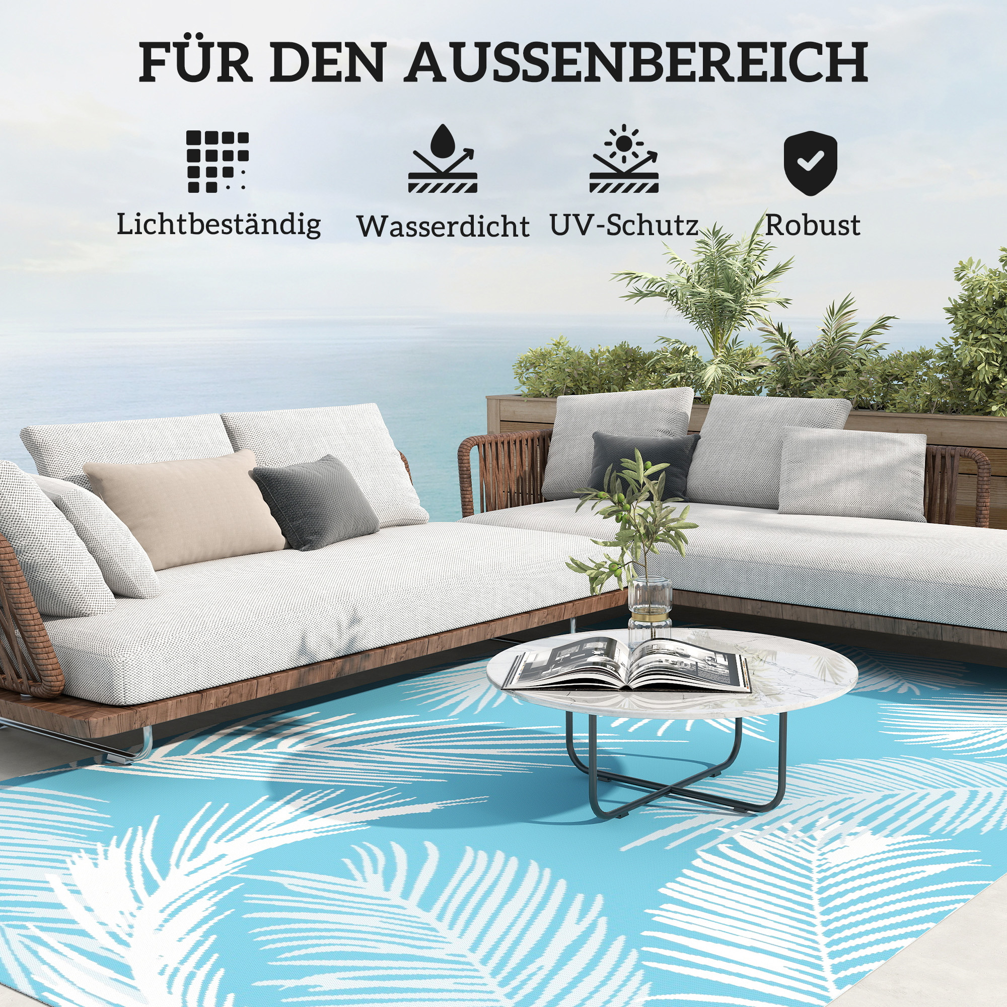 Outdoor Teppich wendbarer robuster Wetterfest Outdoorteppich mit Tragetasche Bodenankern 274 x 182 cm Hellblau+Weiß